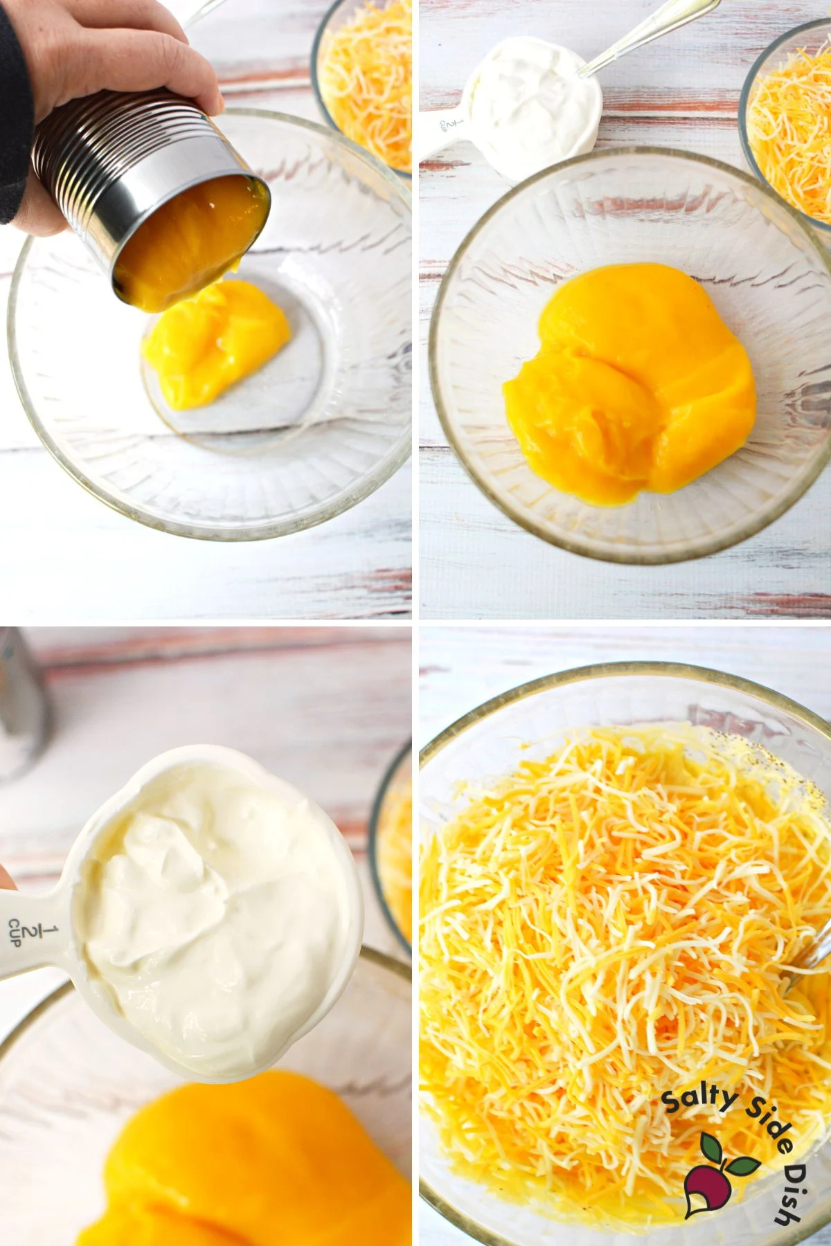 cream of soup and sour cream mixed in a bowl with shredded cheese.