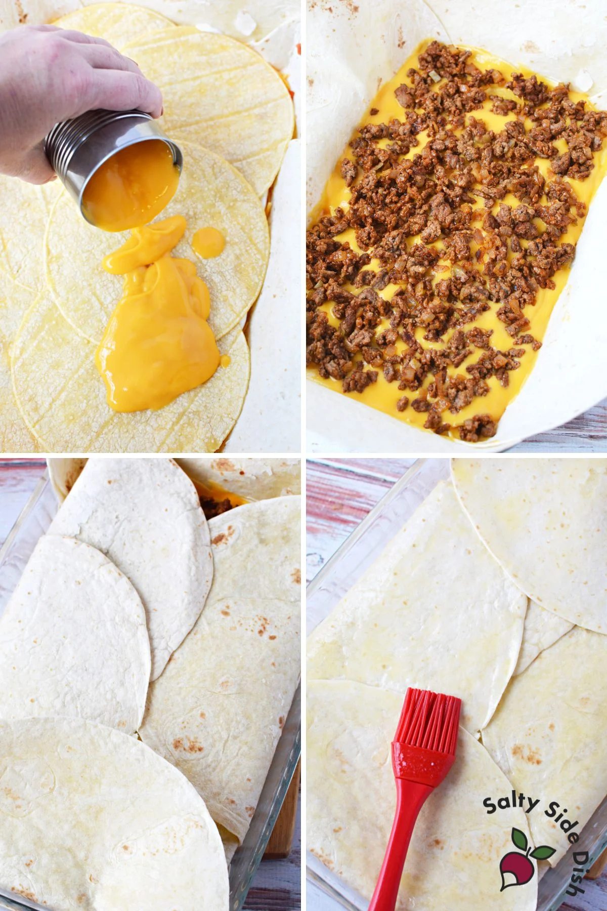layer nacho cheese, beef, and fold over the tortilla burrito flour tortillas.