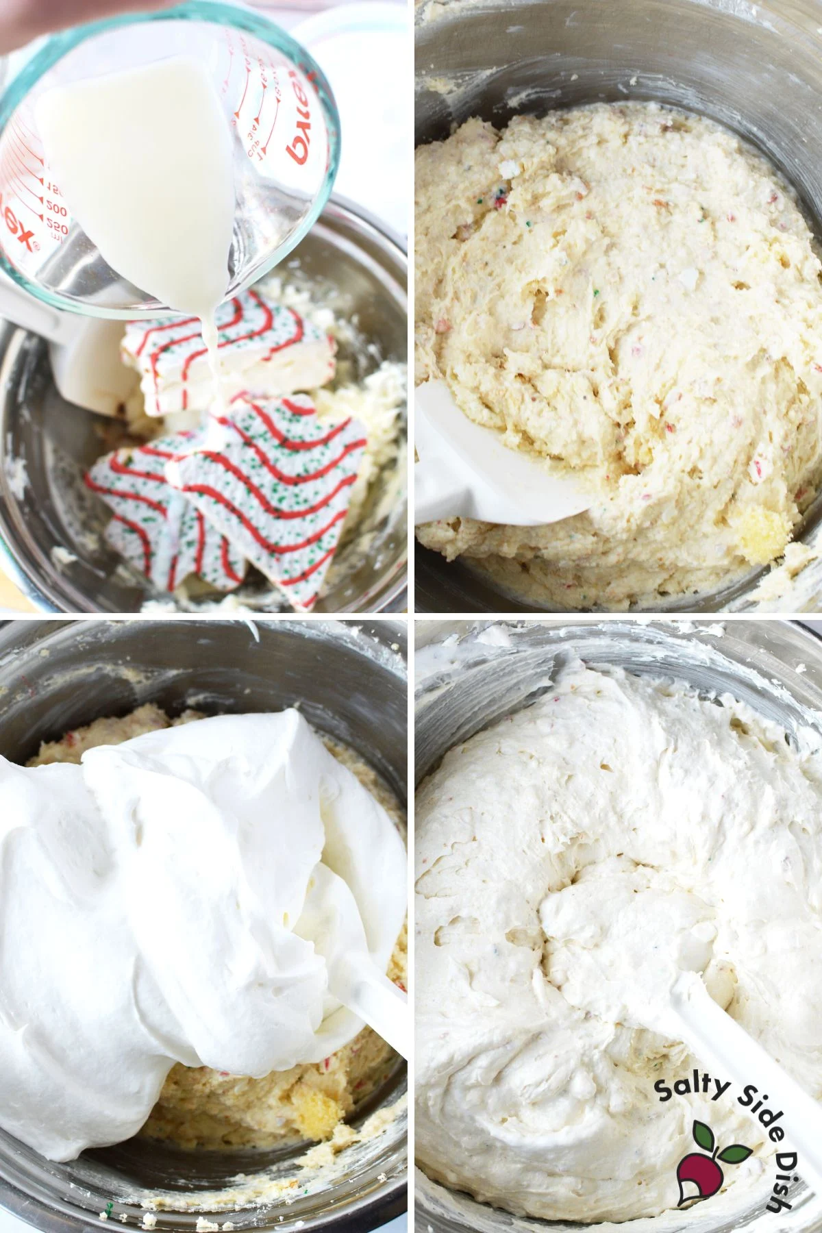 christmas tree dip with whipped cream and cream cheese being mixed.