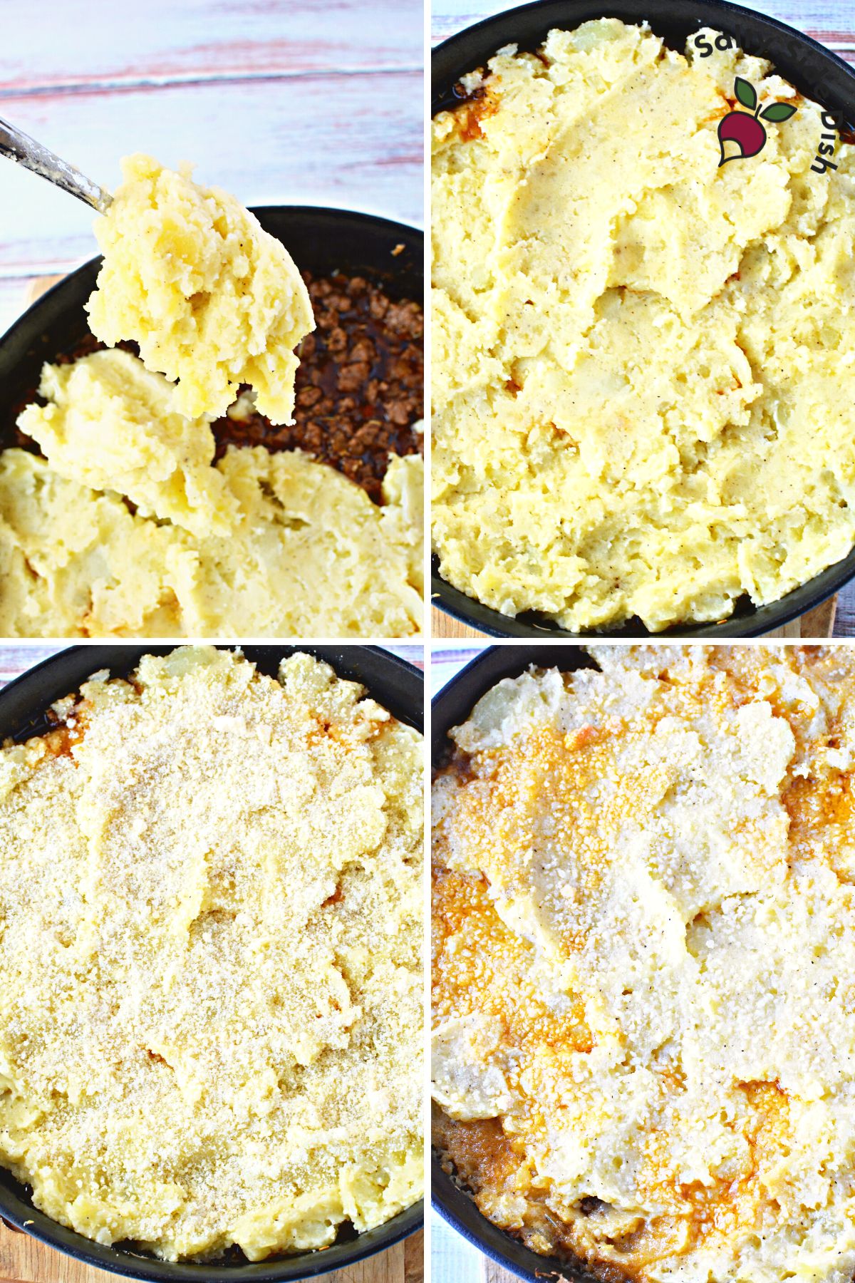 mashed potatoes over lamb casserole in cast iron pan.