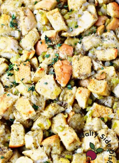 pile of bread and seasonings with already made stuffing.