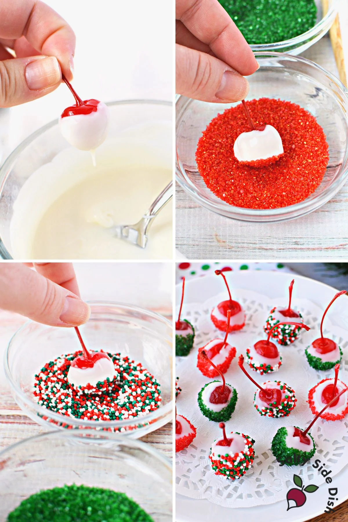 decorating cherries with white chocolate and sprinkles.