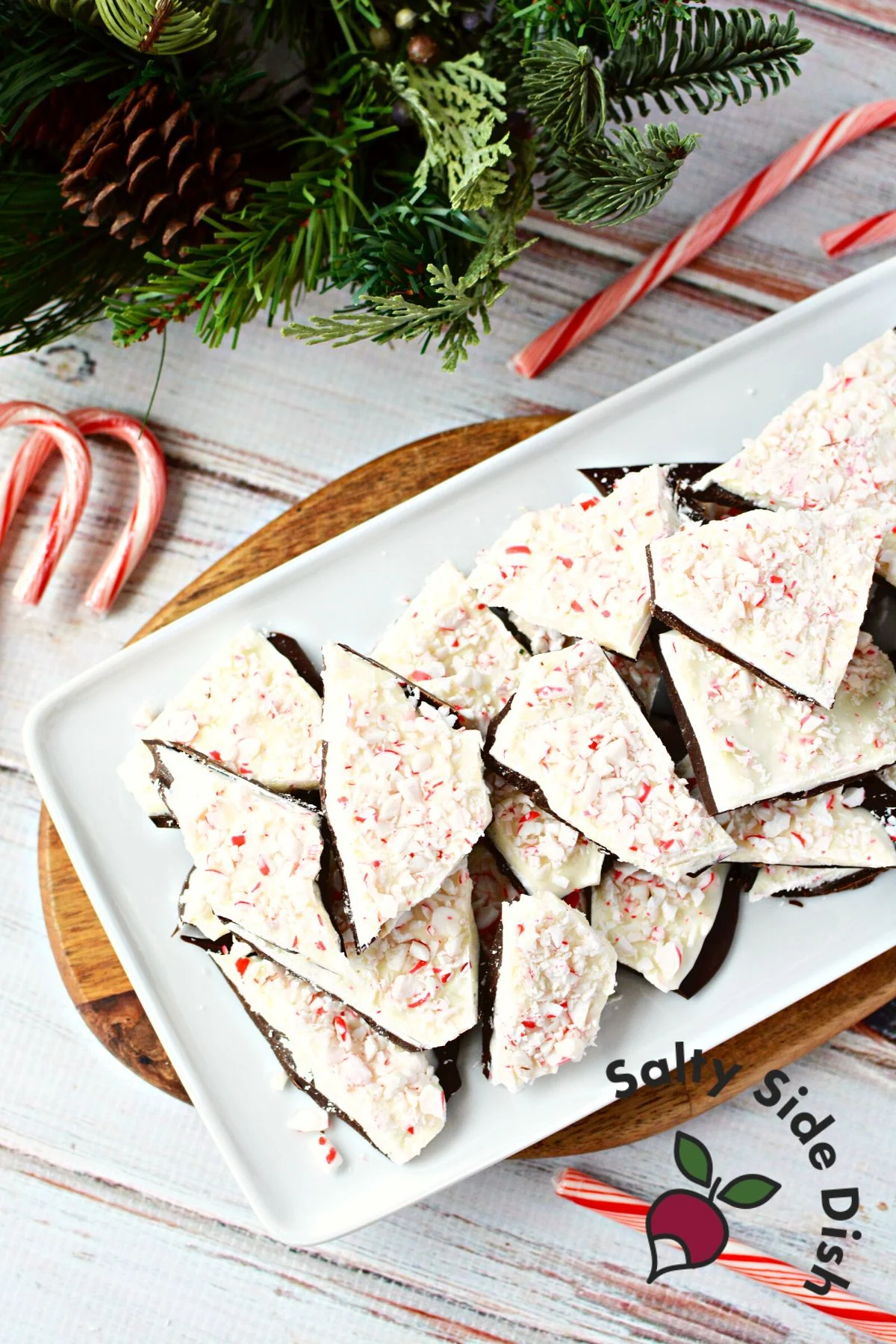 peppermint bark with two layers on a plate ready to serve.