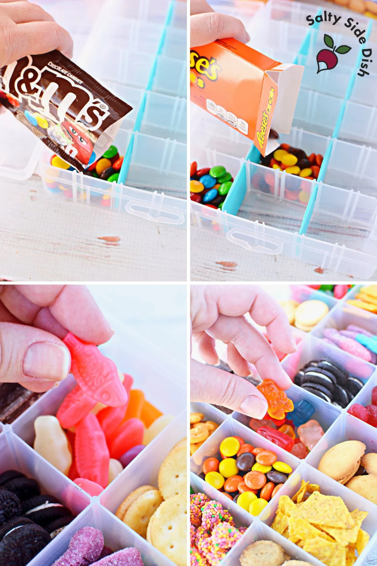 filling a snack box with candy.