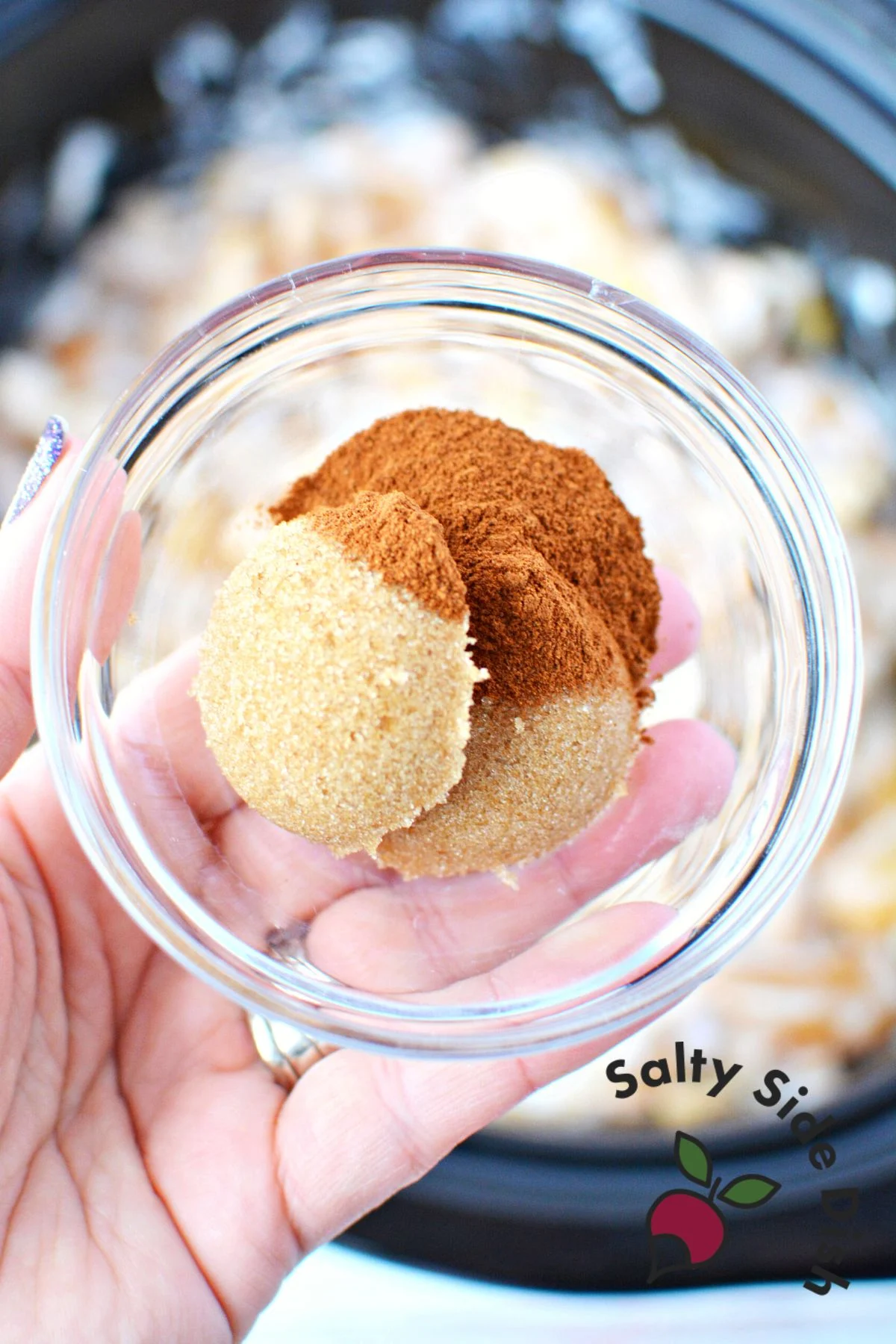 cinnamon sugar in a clear glass bowl.