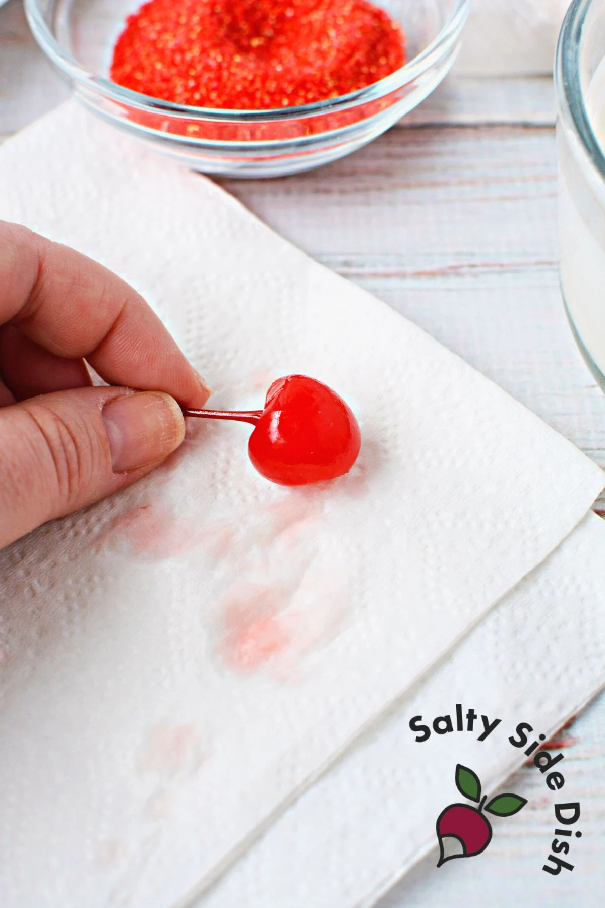 drying cherries all the way is an important step. Use a paper towel as shown.