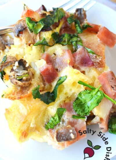 ham and cheese strata on a plate.