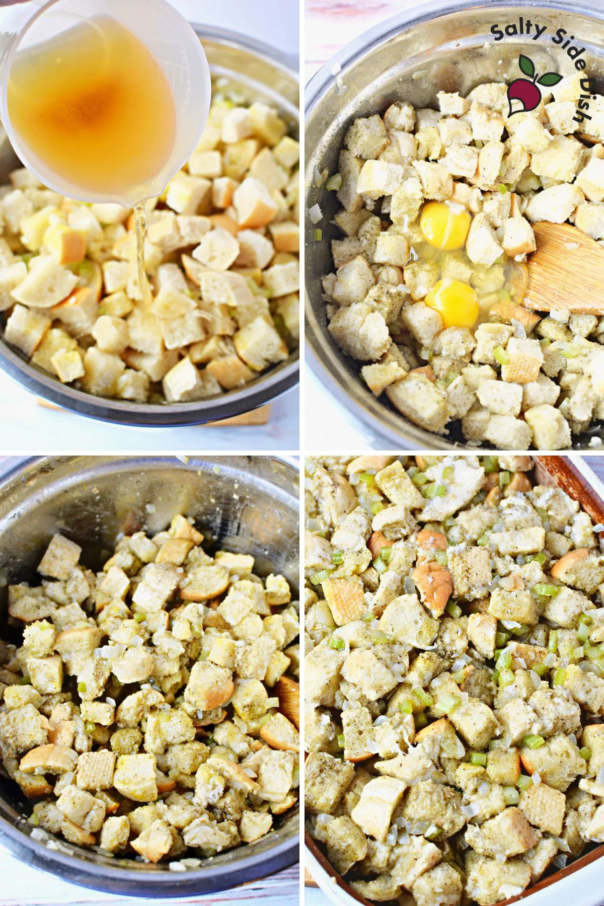 seasoning stuffing, adding eggs, and putting in a baking dish.