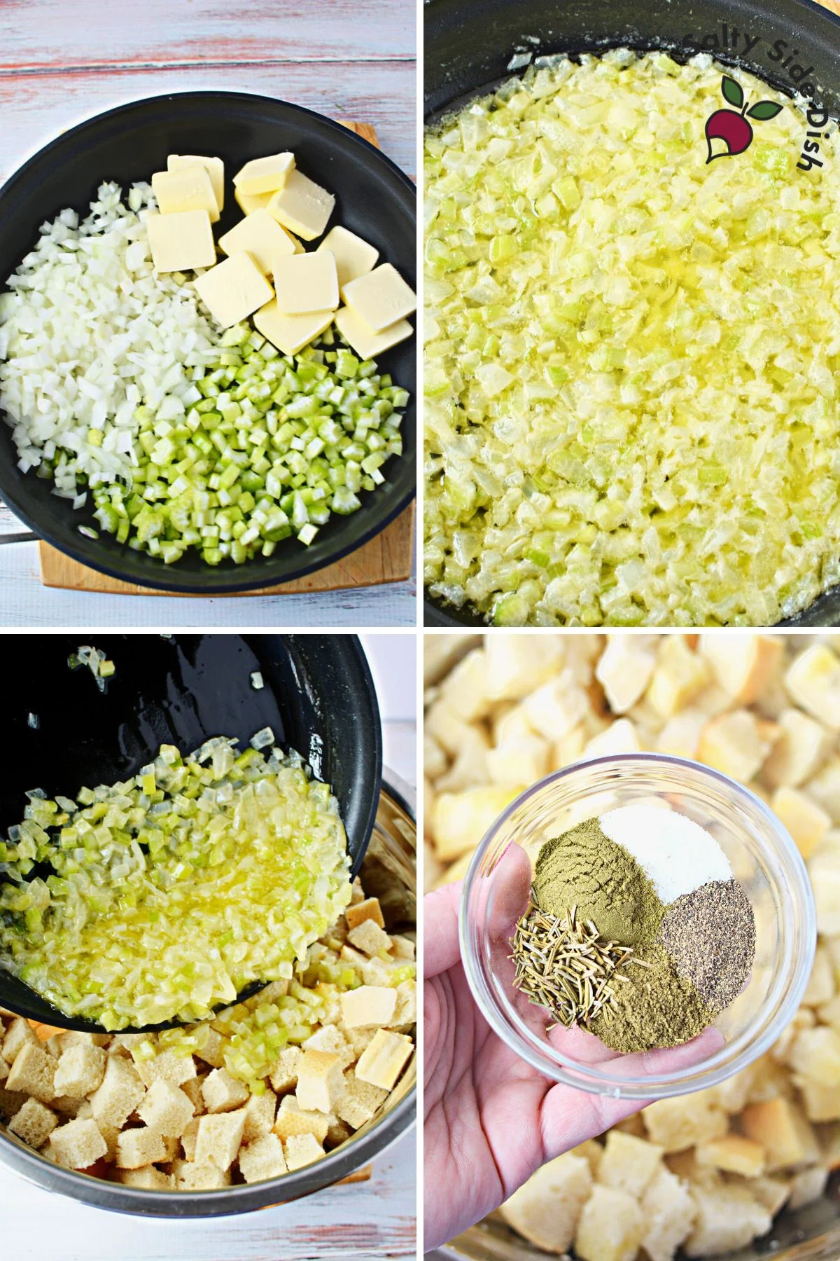 adding onions and celery to pan and pouring over bread cubes.