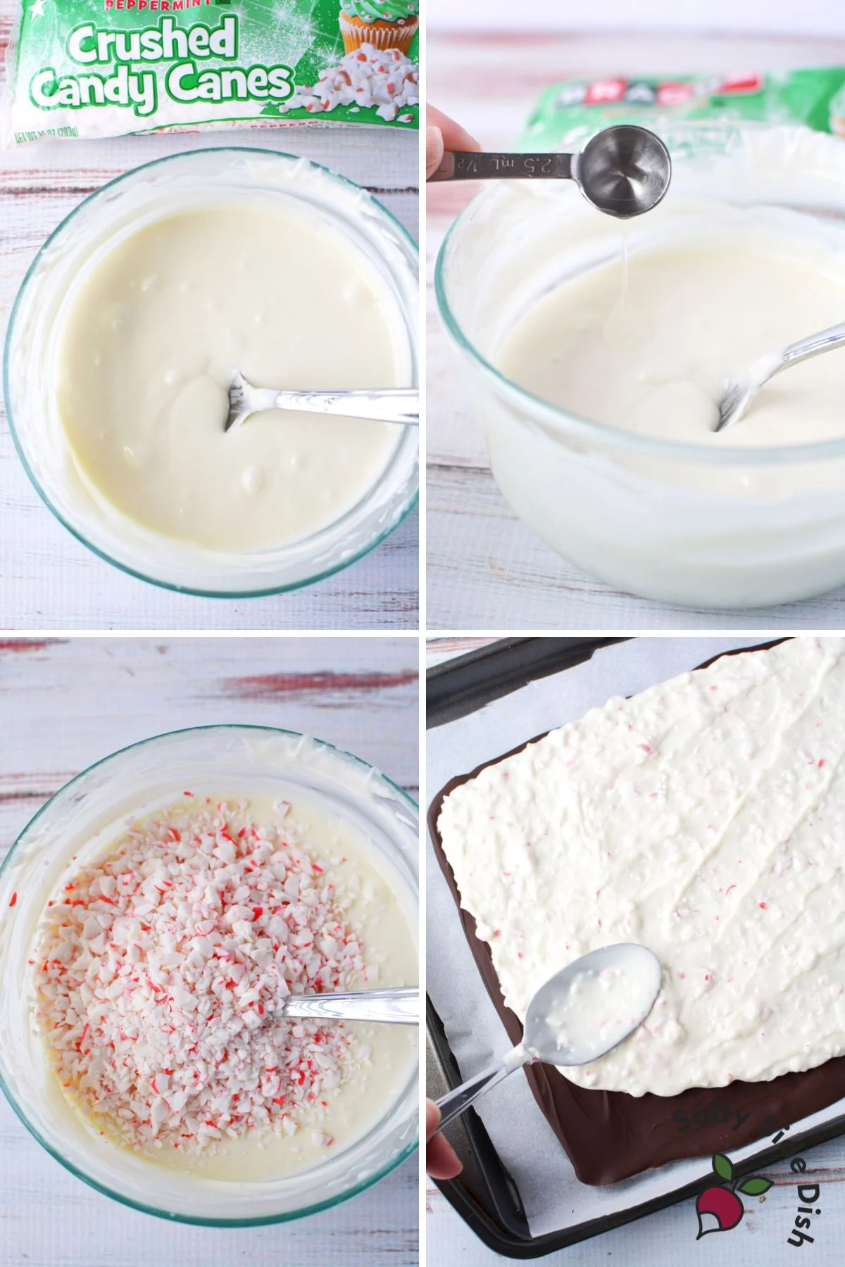 spread white chocolate over the milk chocolate layer, mixed with peppermint pieces.