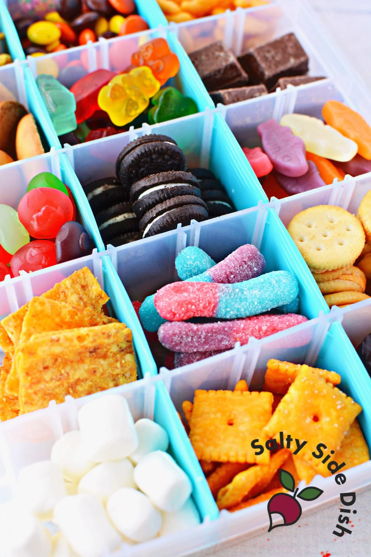 a picture of a snack box with a variety of candy and salty snacks inside each compartment.