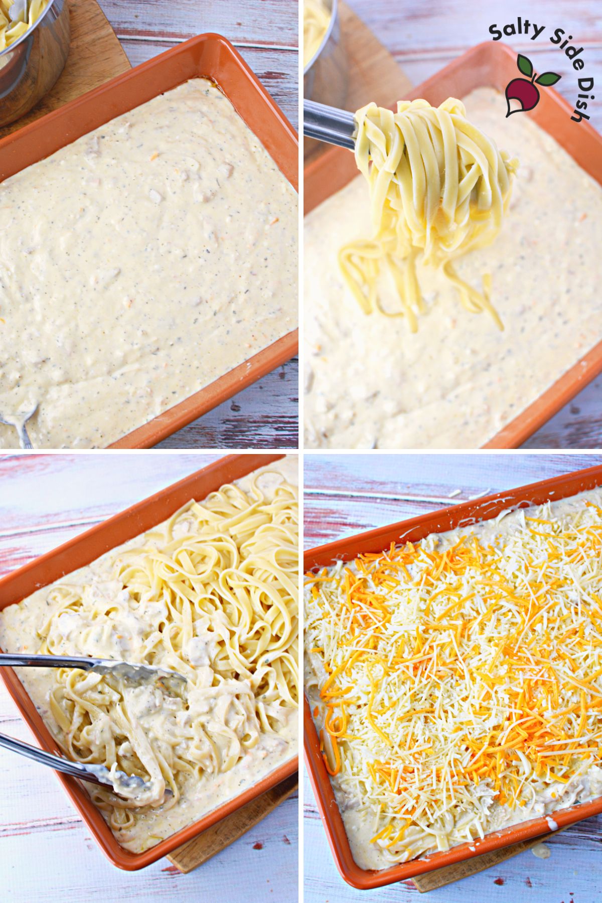 mixing fettuccini into casserole mixture.