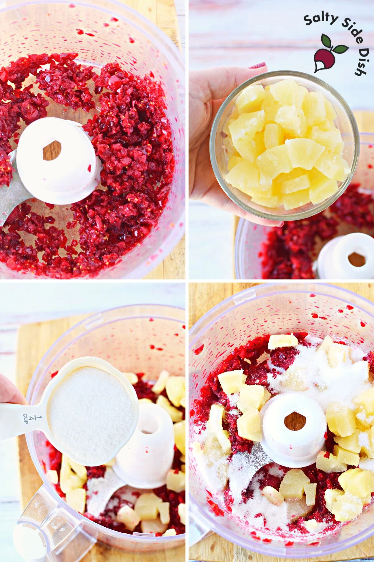 adding fresh cranberries, sugar, and pineapples to a food processor.