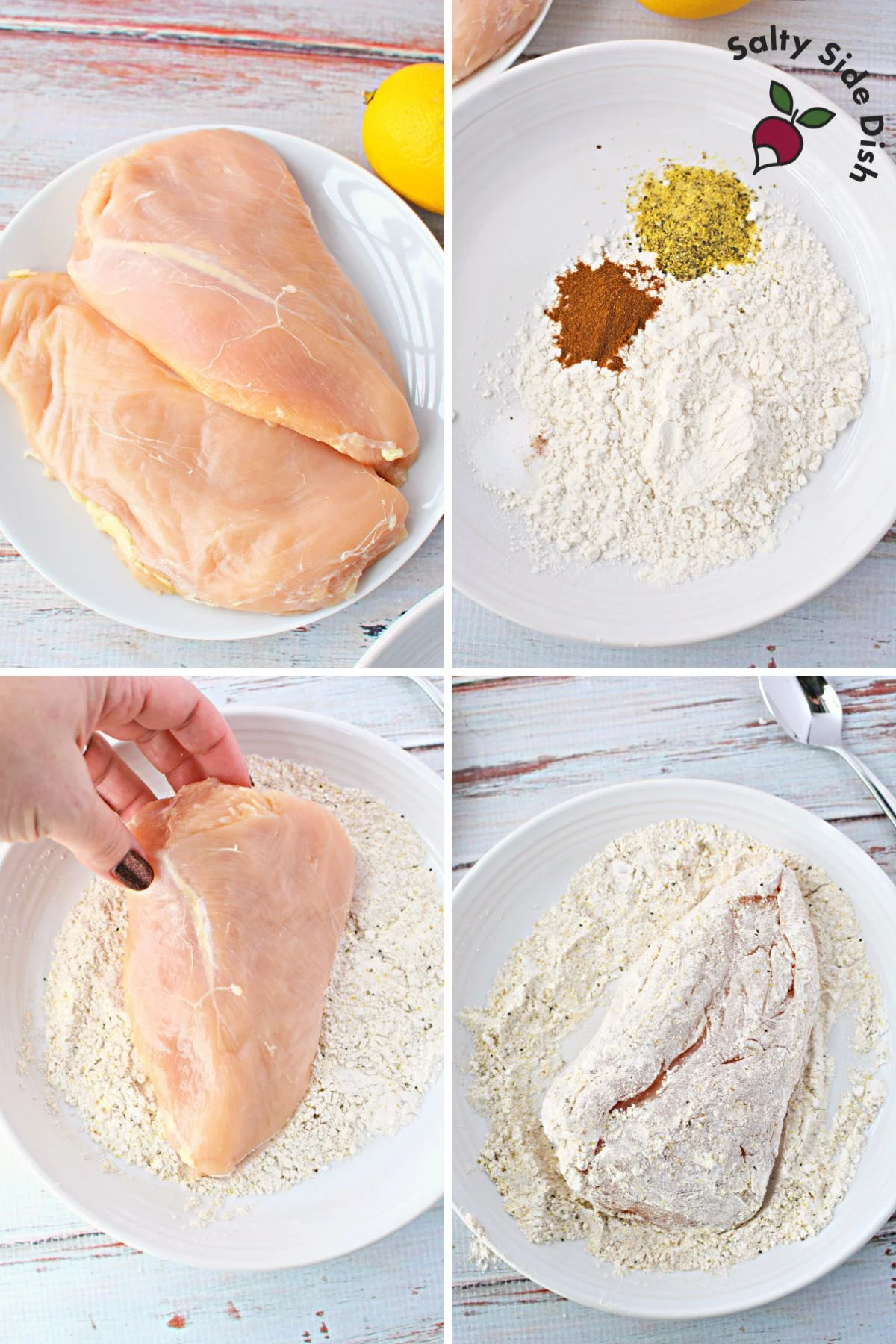 dredge chicken breast in seasoned flour.