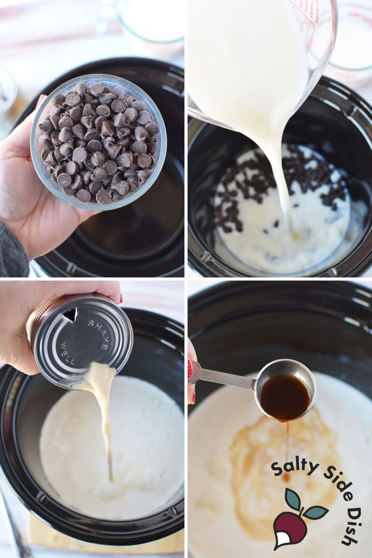 4 images that show adding all hot chocolate ingredients to a crockpot.