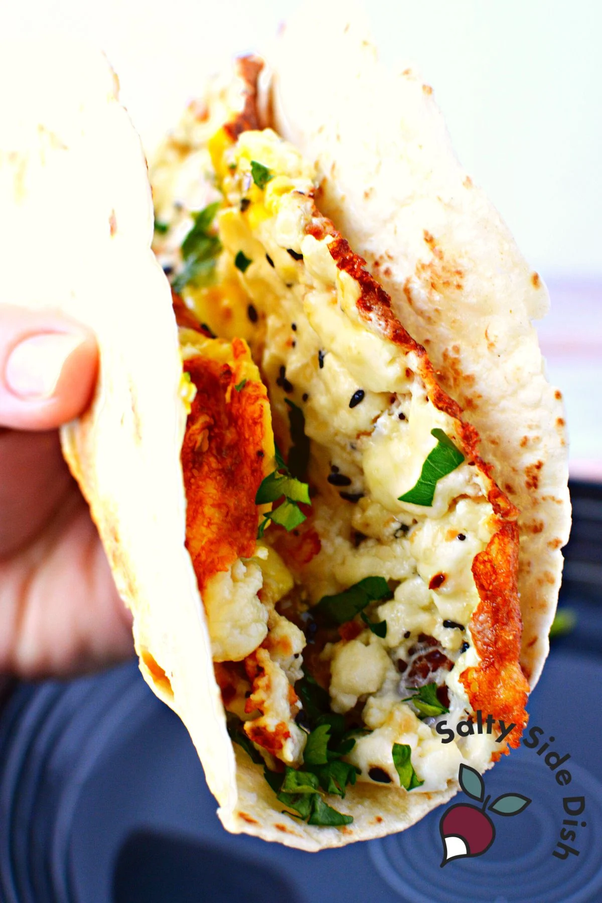 crispy feta eggs wrapped into a tortilla shell.