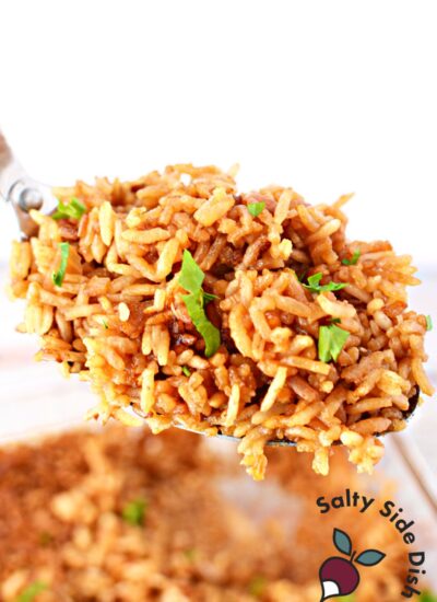 making fried rice in the oven, rice is on a spoon.