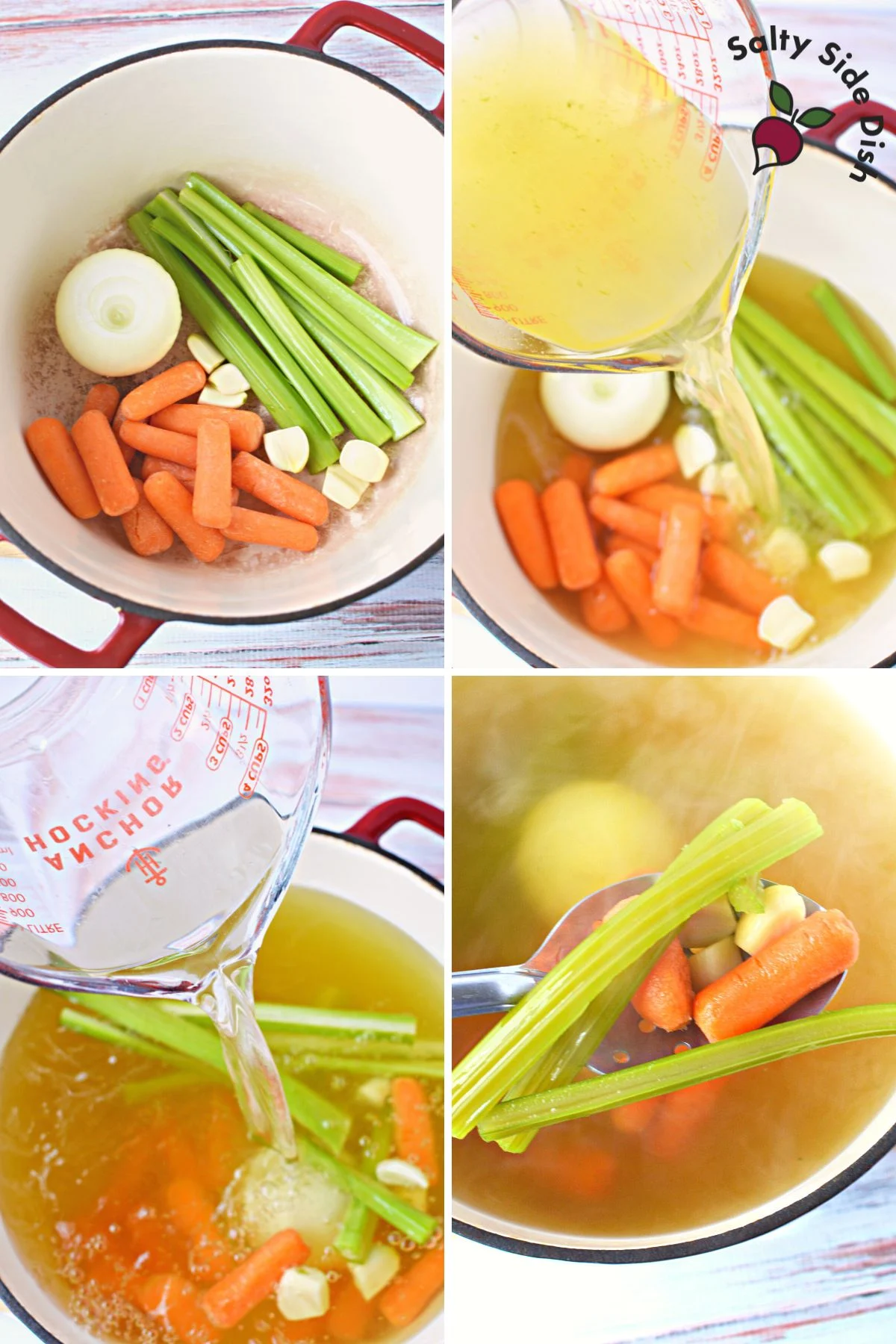 Italian Pastina Soup ingredients being poured into a stockpot and cooked.