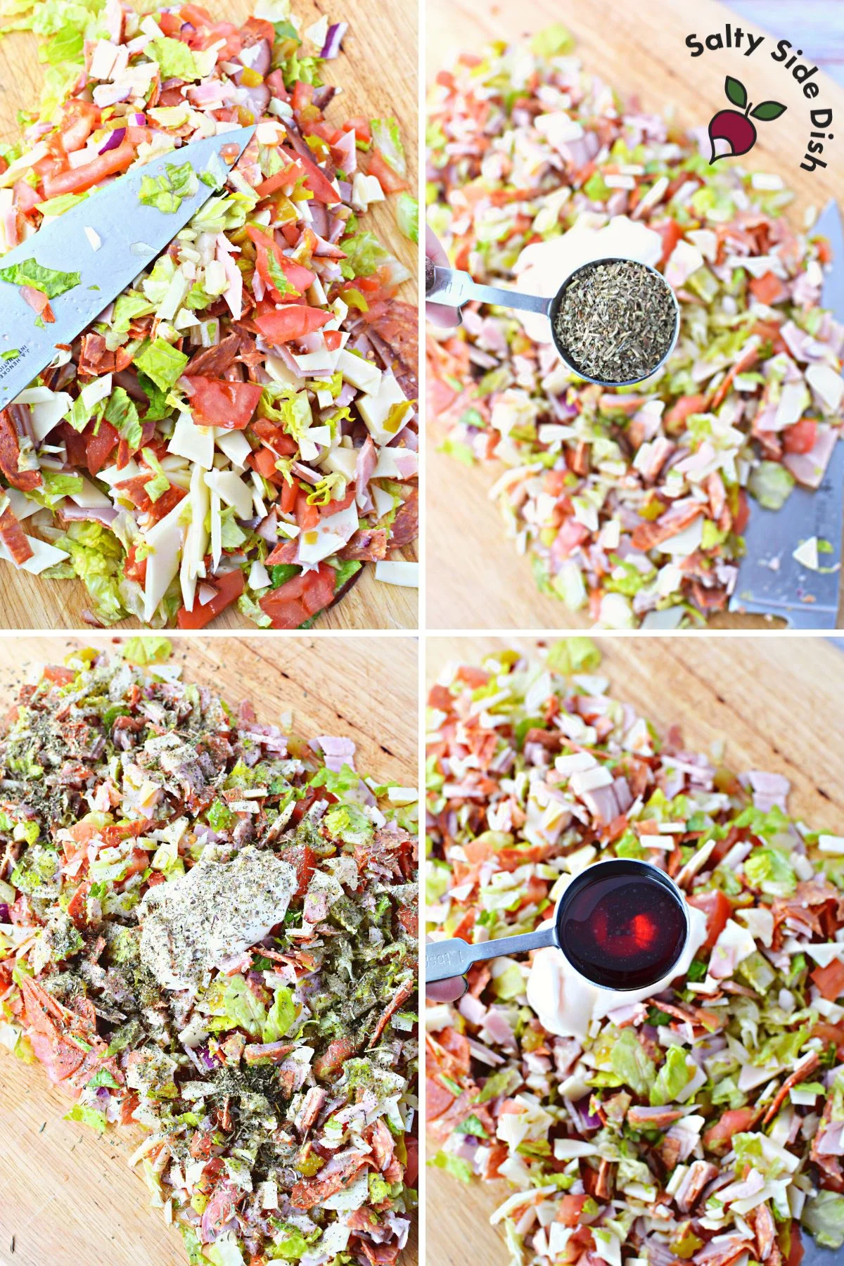 adding seasonings, vinegar and mayo to chopped italian meats and cheeses.