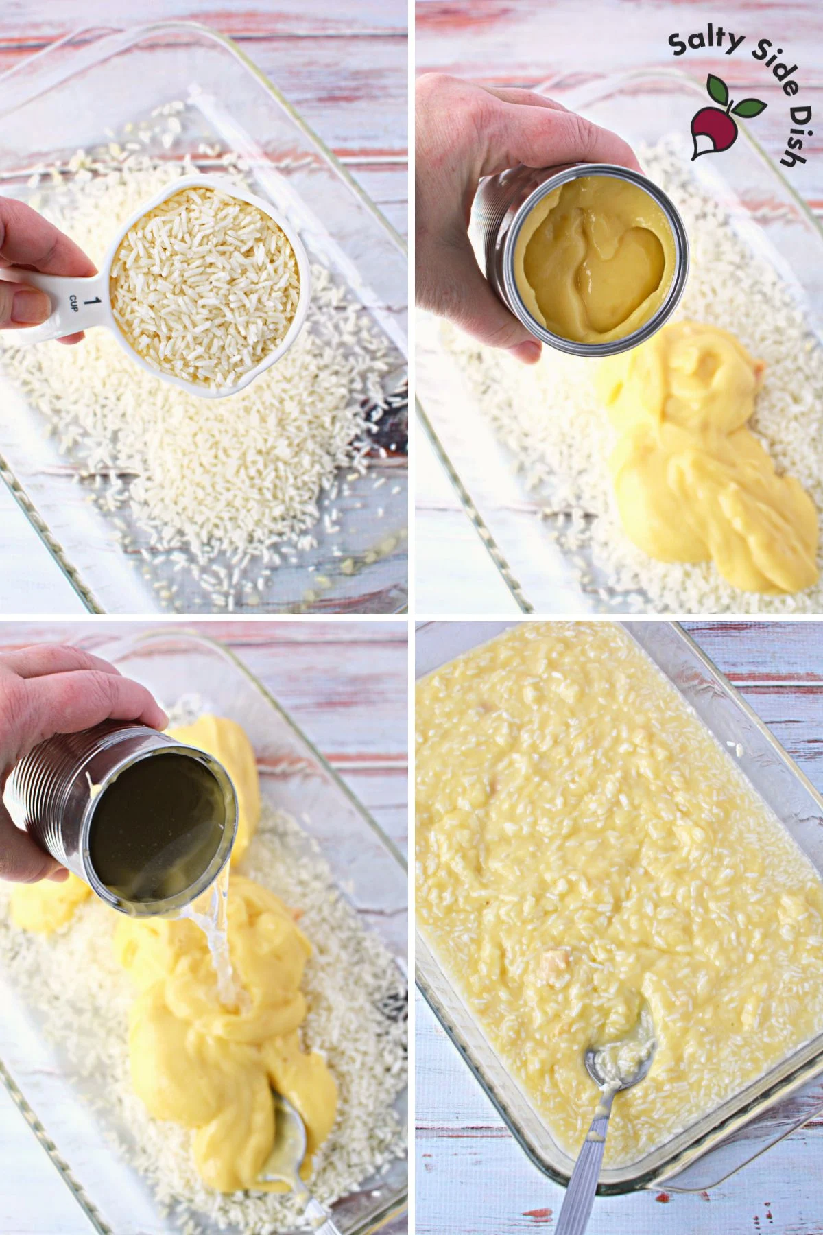 adding rice, cream of chicken and water to a 9 x 13 baking dish.