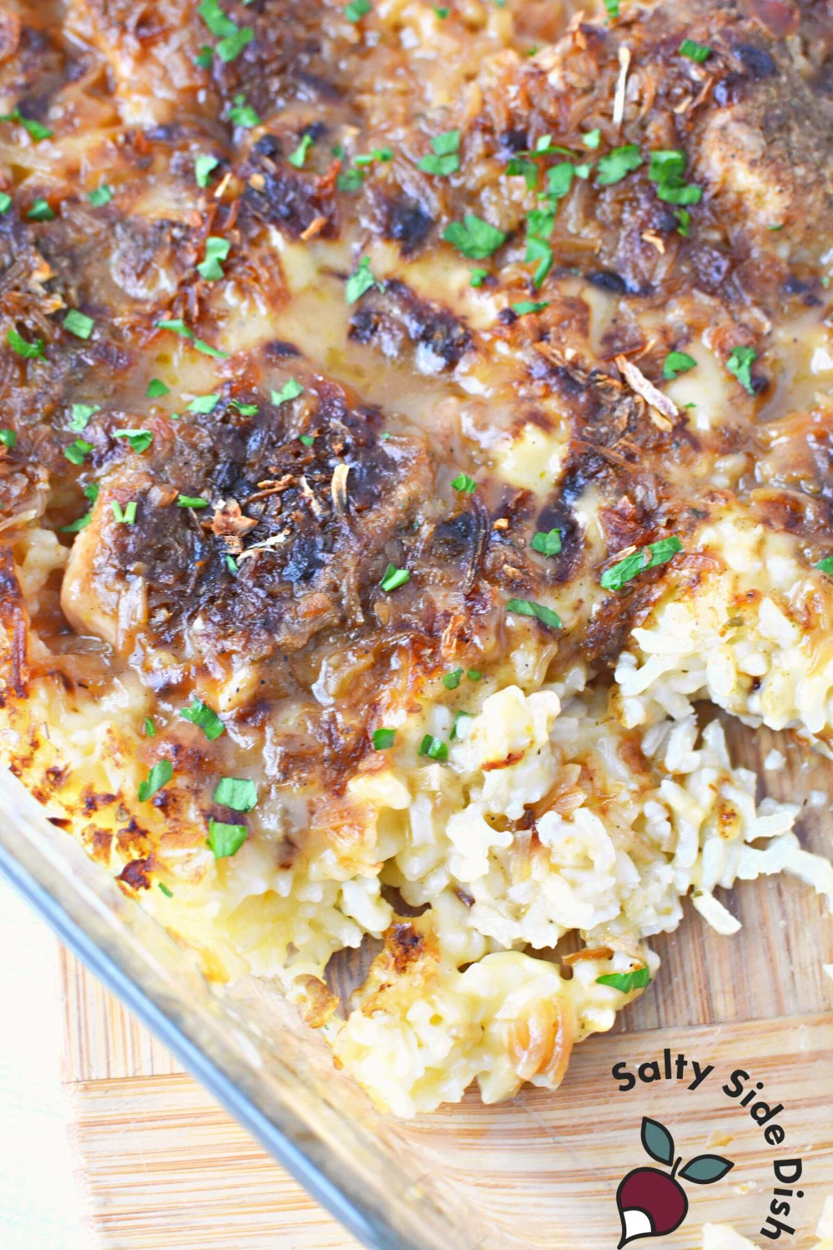 close up of lipton baked chicken and rice in casserole dish.