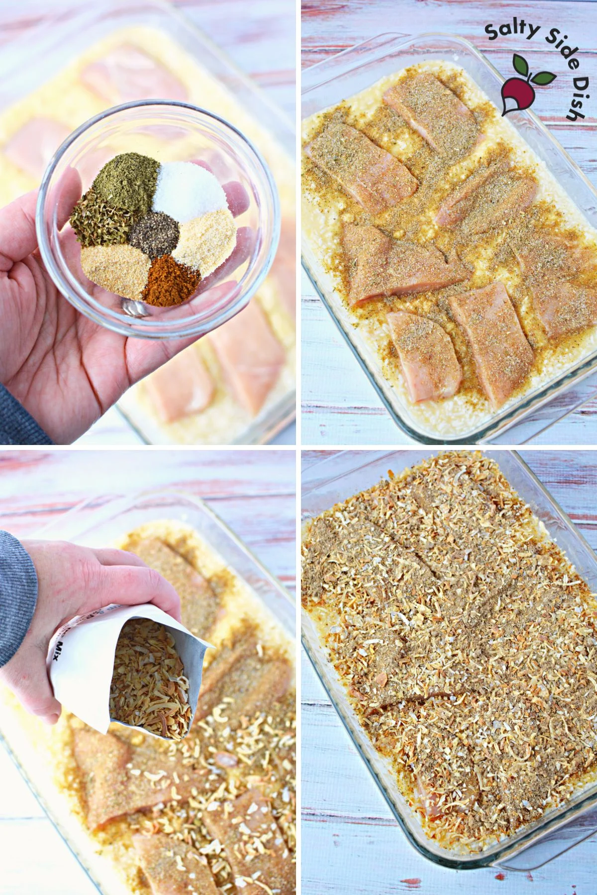 pouring Lipton soup mix on top of chicken inside baking pan.