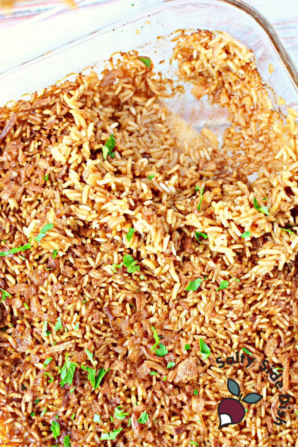 rice cooked in casserole dish.
