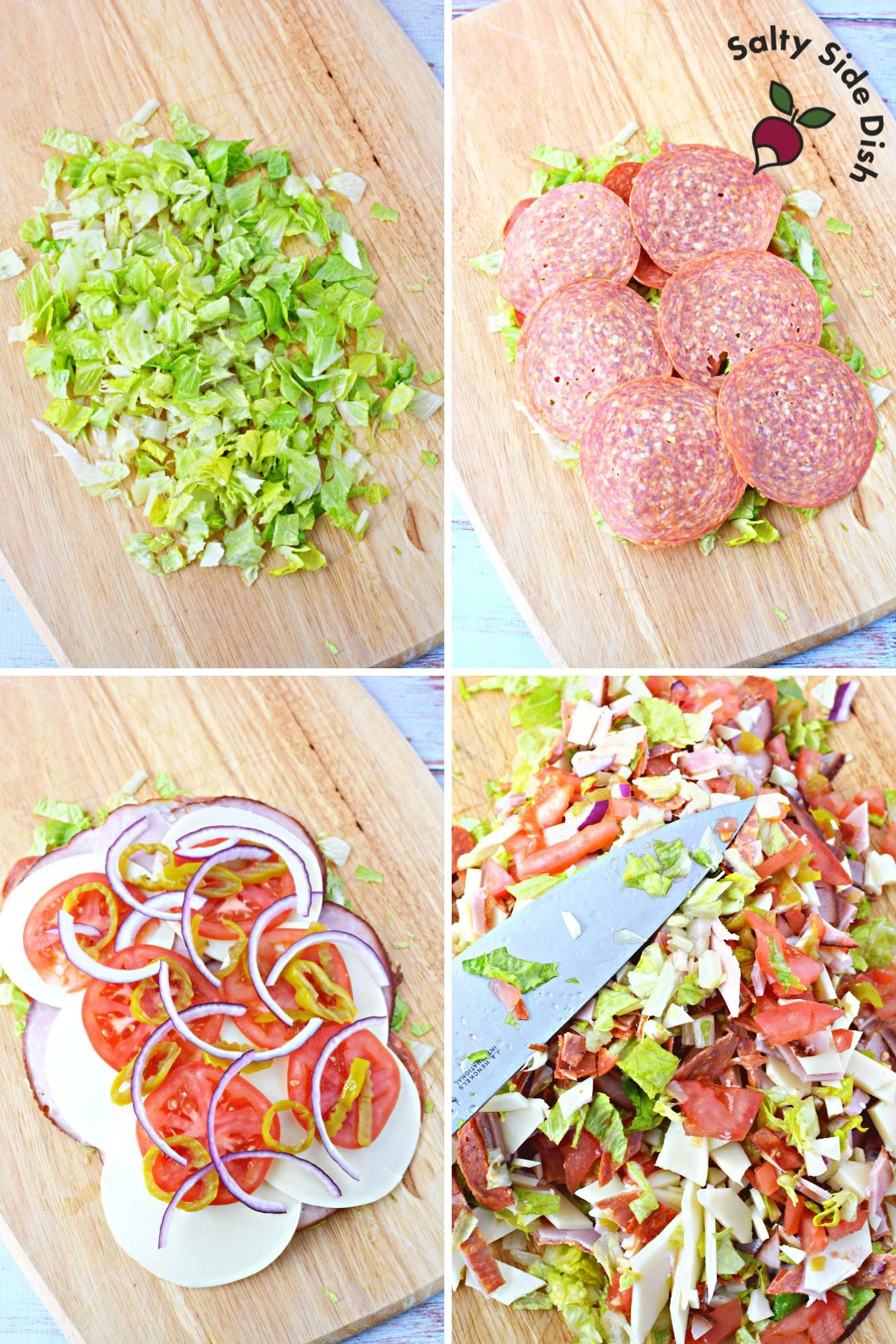 all ingredients stacked and laid out on top of each other and then chopped up.