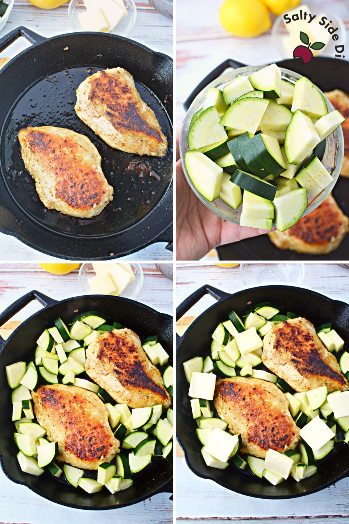 adding zucchini to chicken breasts to fry up.