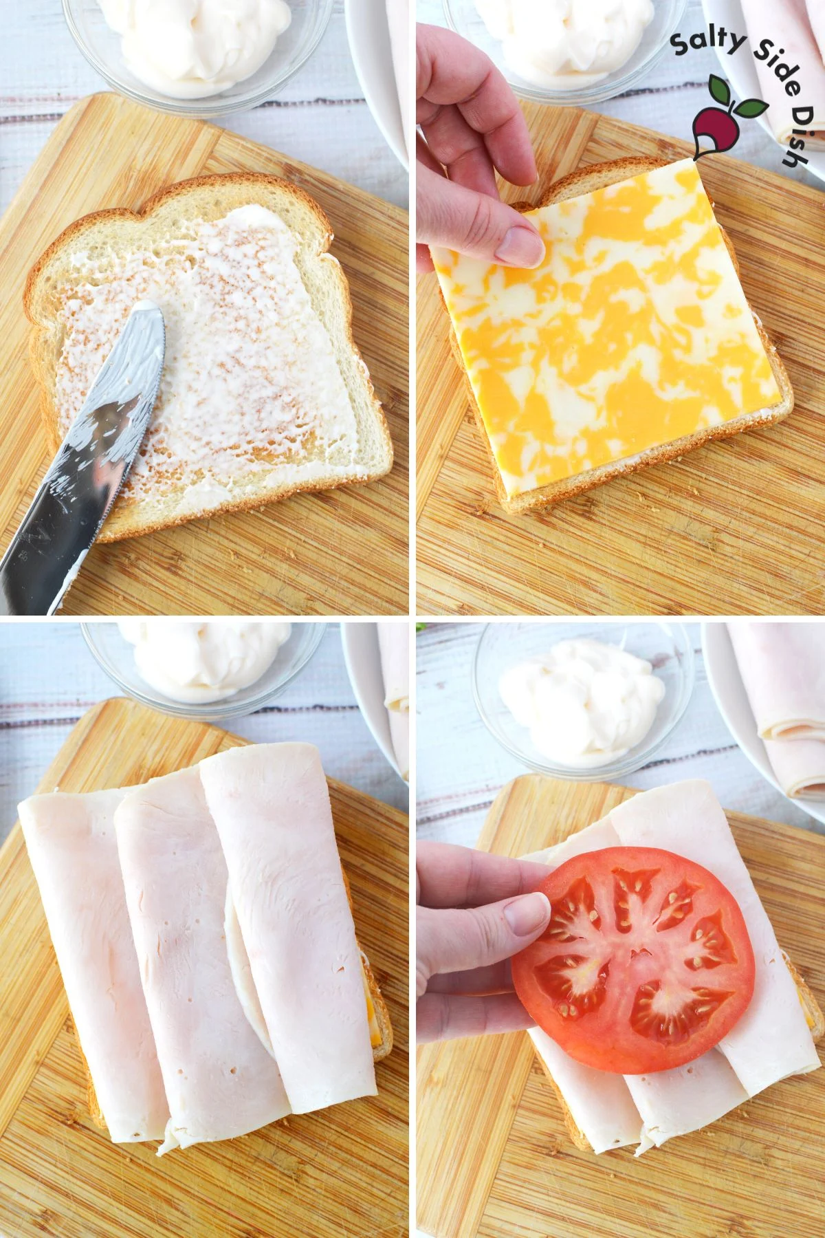 showing how to assembly a club sandwich in order.