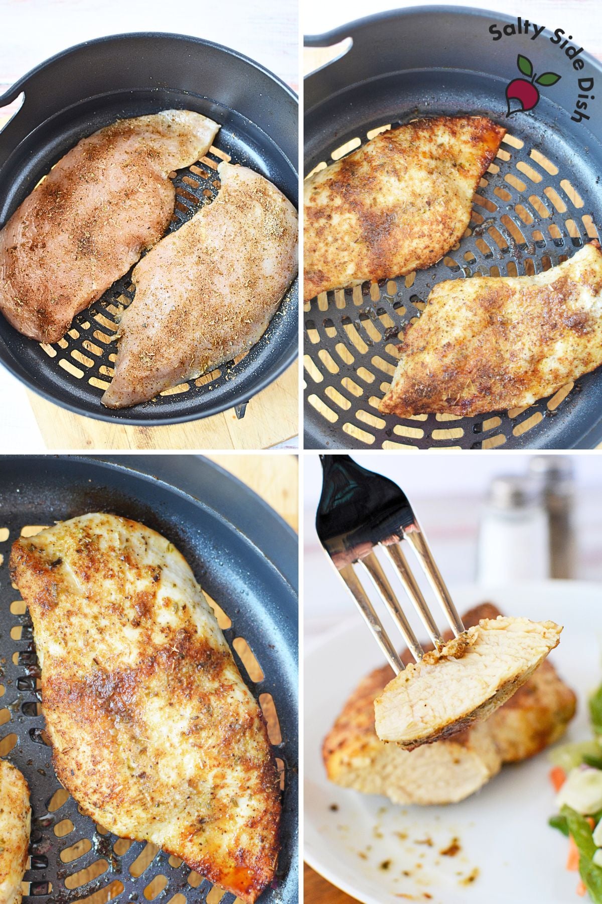 chicken breasts in an air crisp basket, collage showing them cooking and done.