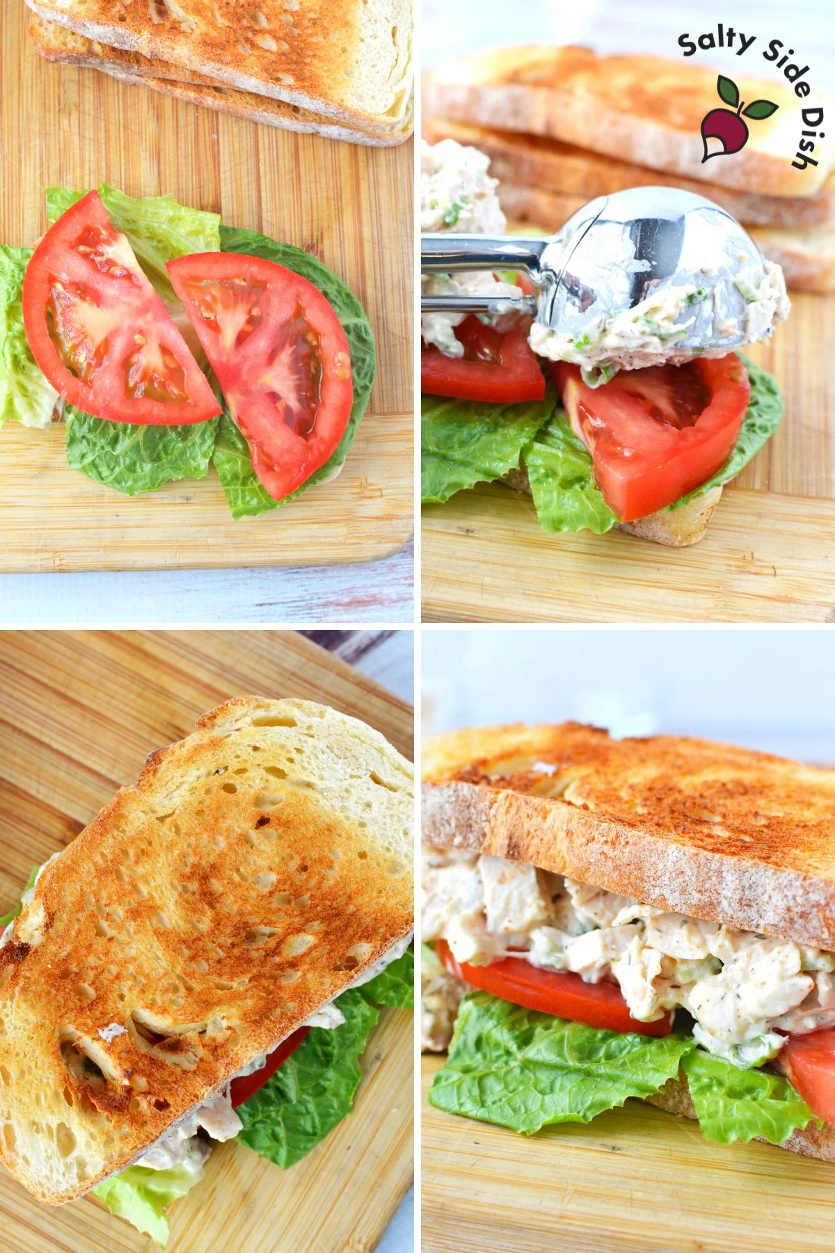 chicken salad on a sandwich layered with tomato, lettuce, and toasted Italian bread.