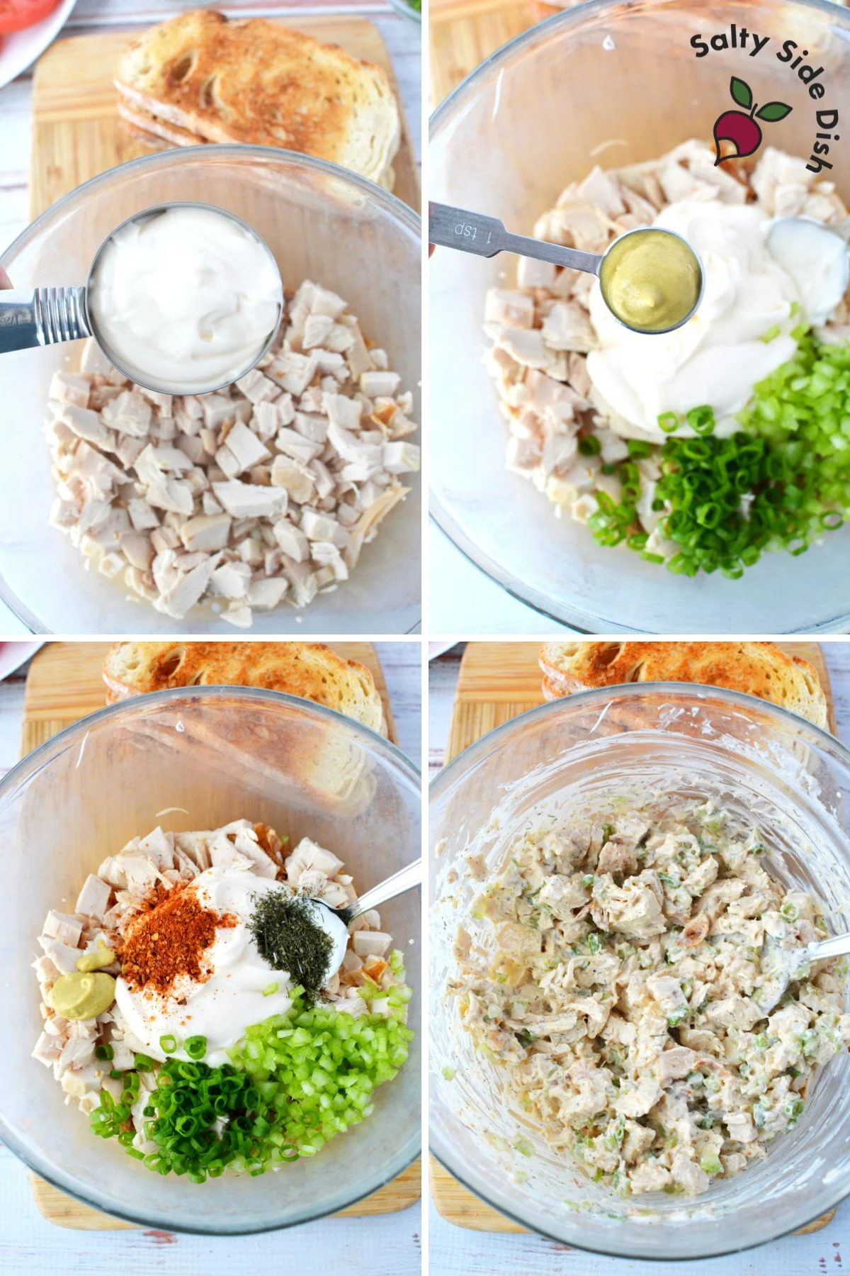 chicken salad mixture being shown in a bowl and mixed up.