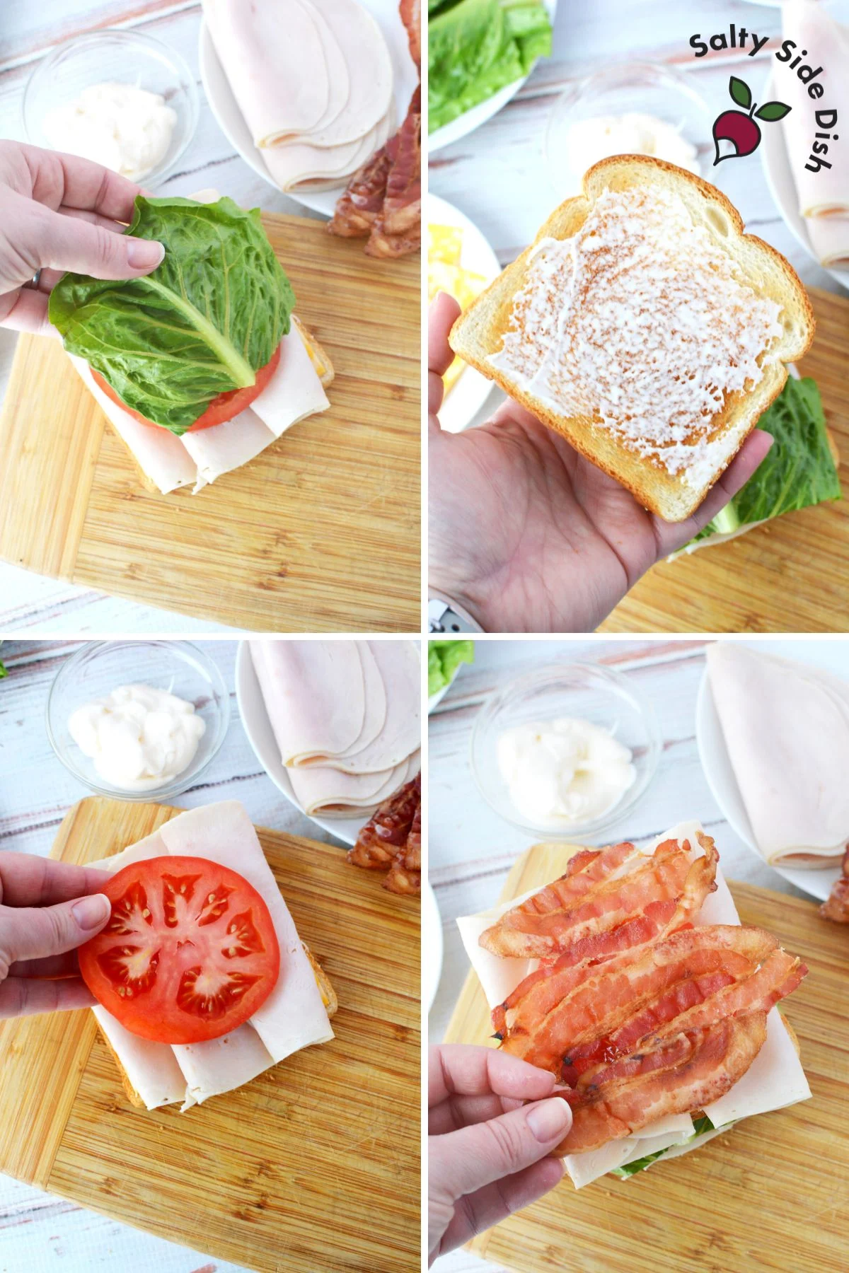 layering bottom of the club sandwich which includes bacon.