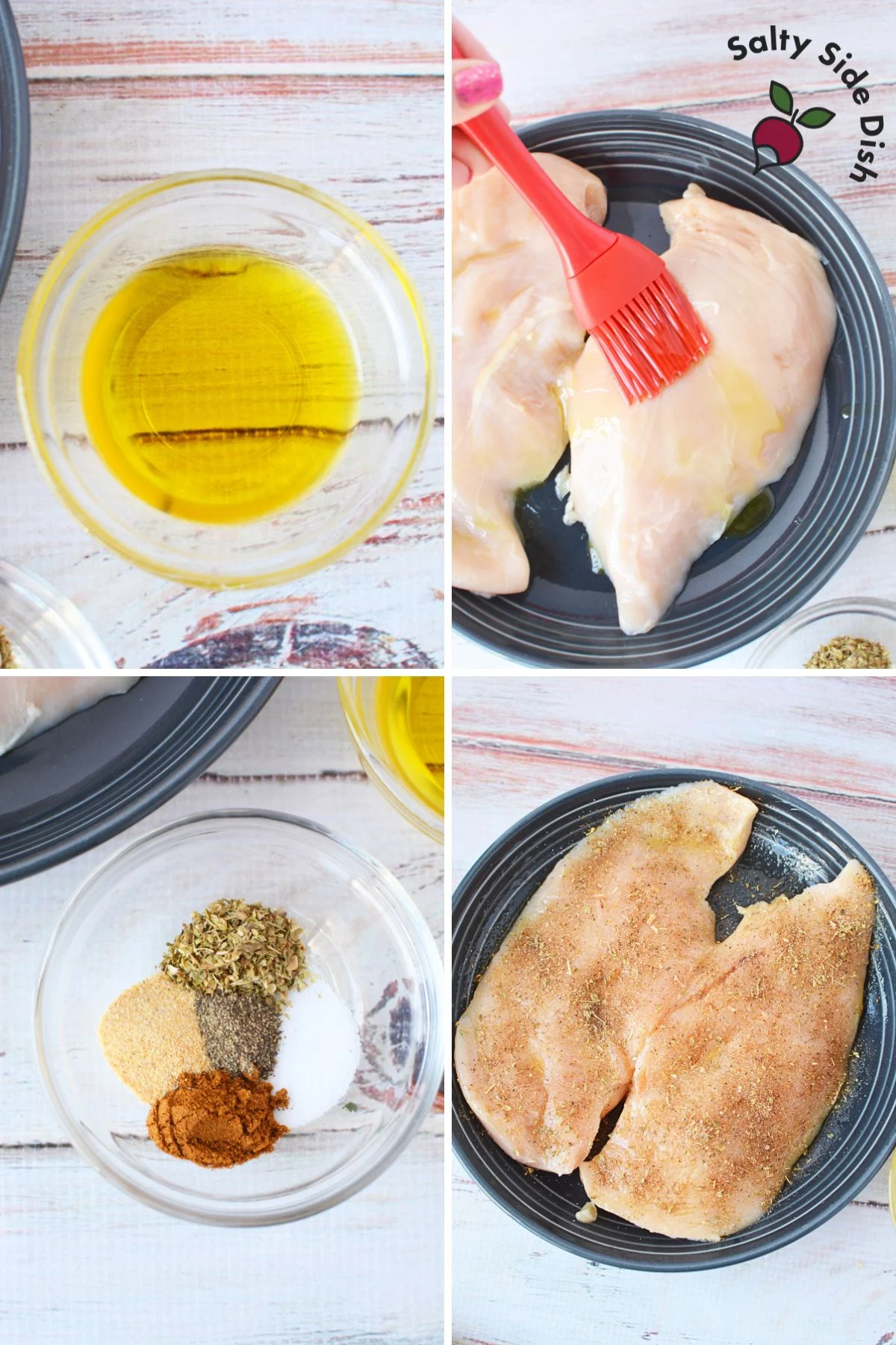 prep chicken breasts with oil and seasoning.