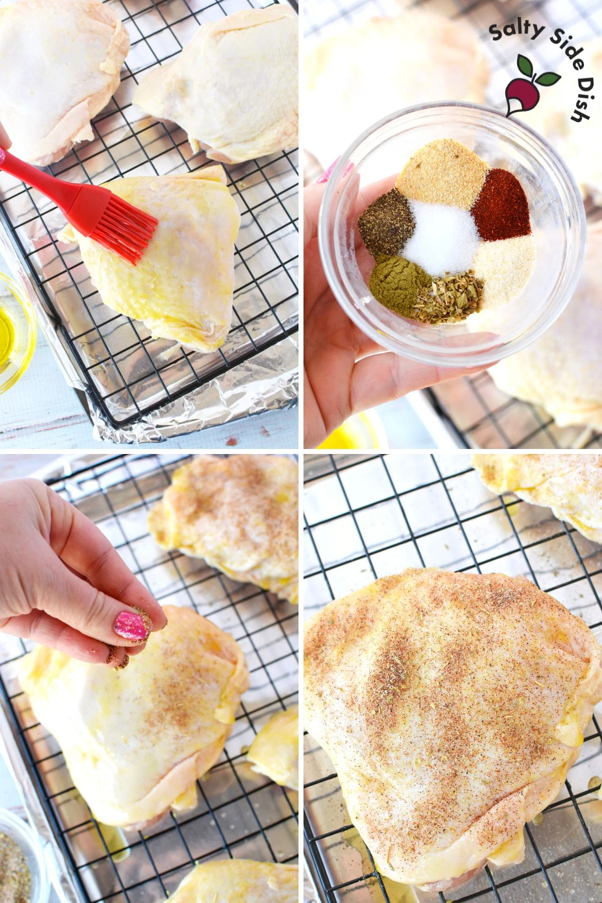 collage on how to oil and season chicken thighs.