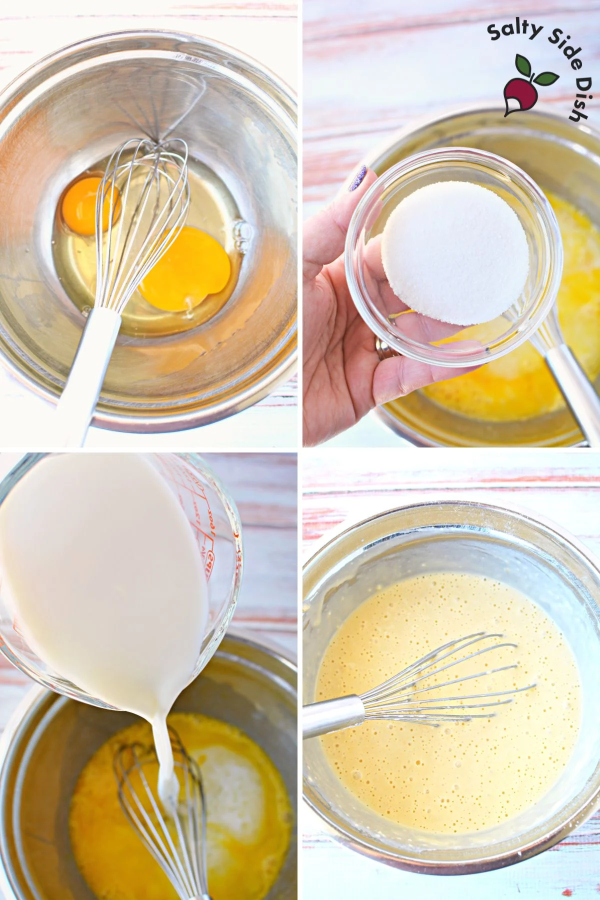 collage of waffle batter ingredients in 4 squares going into a mixing bowl.