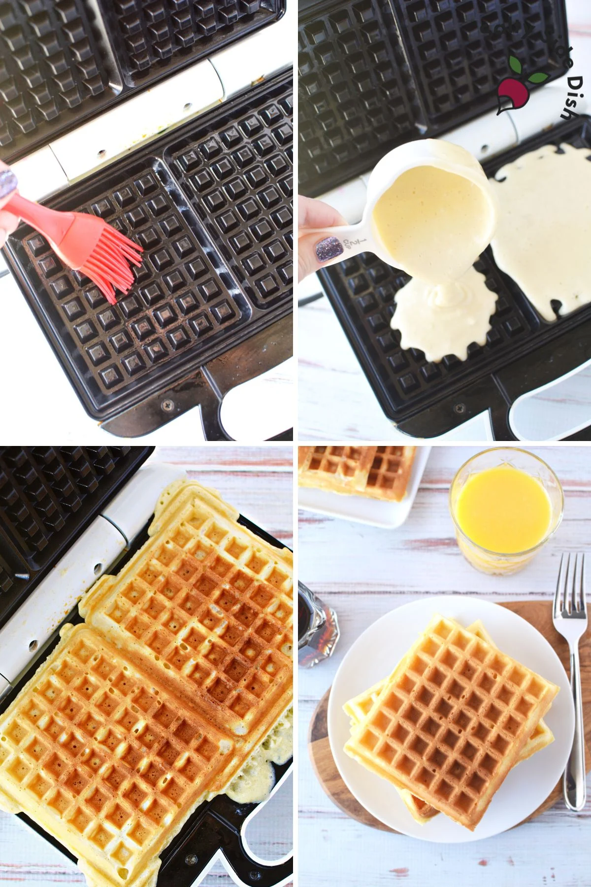 prepping waffle iron and then pouring batter into it, last 2 collages images show cooked waffles.