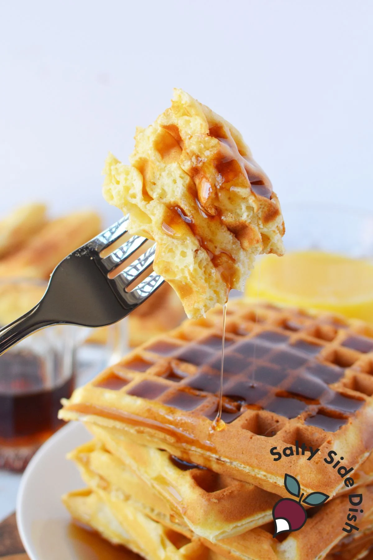 pieces of waffle on a fork.
