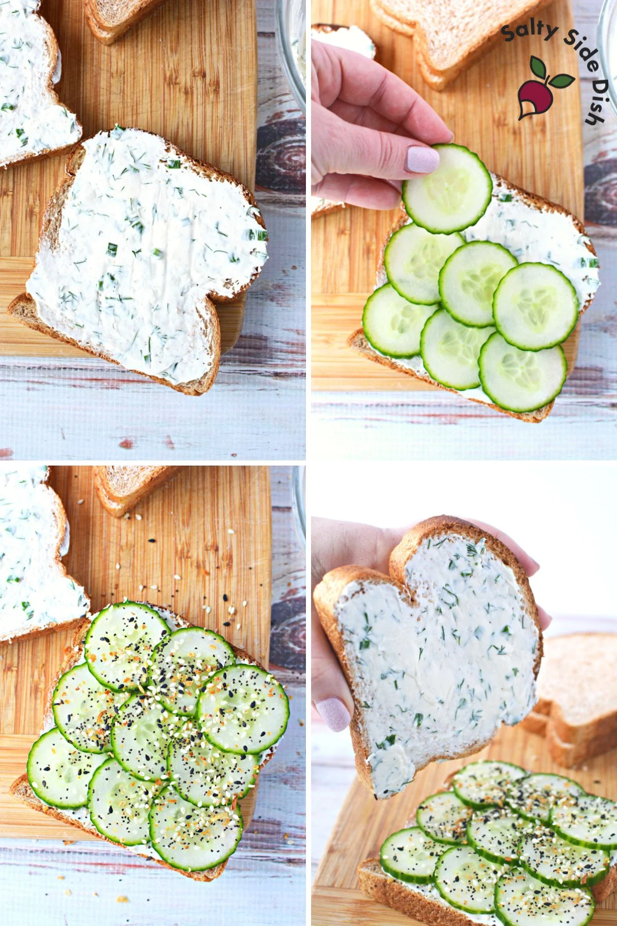 Images in a collage showing assembling a mini cucumber tea sandwich.