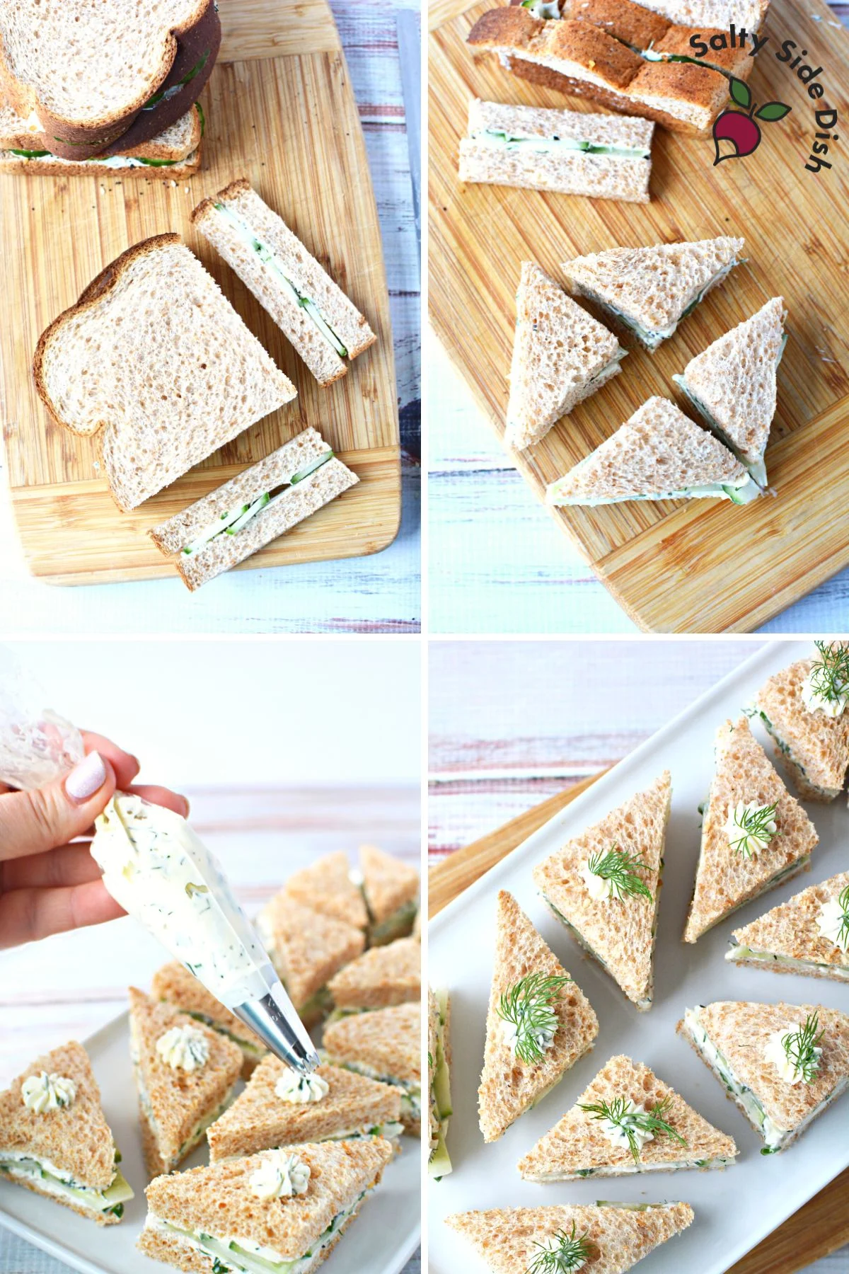 baby cucumber sandwiches cut into triangles.