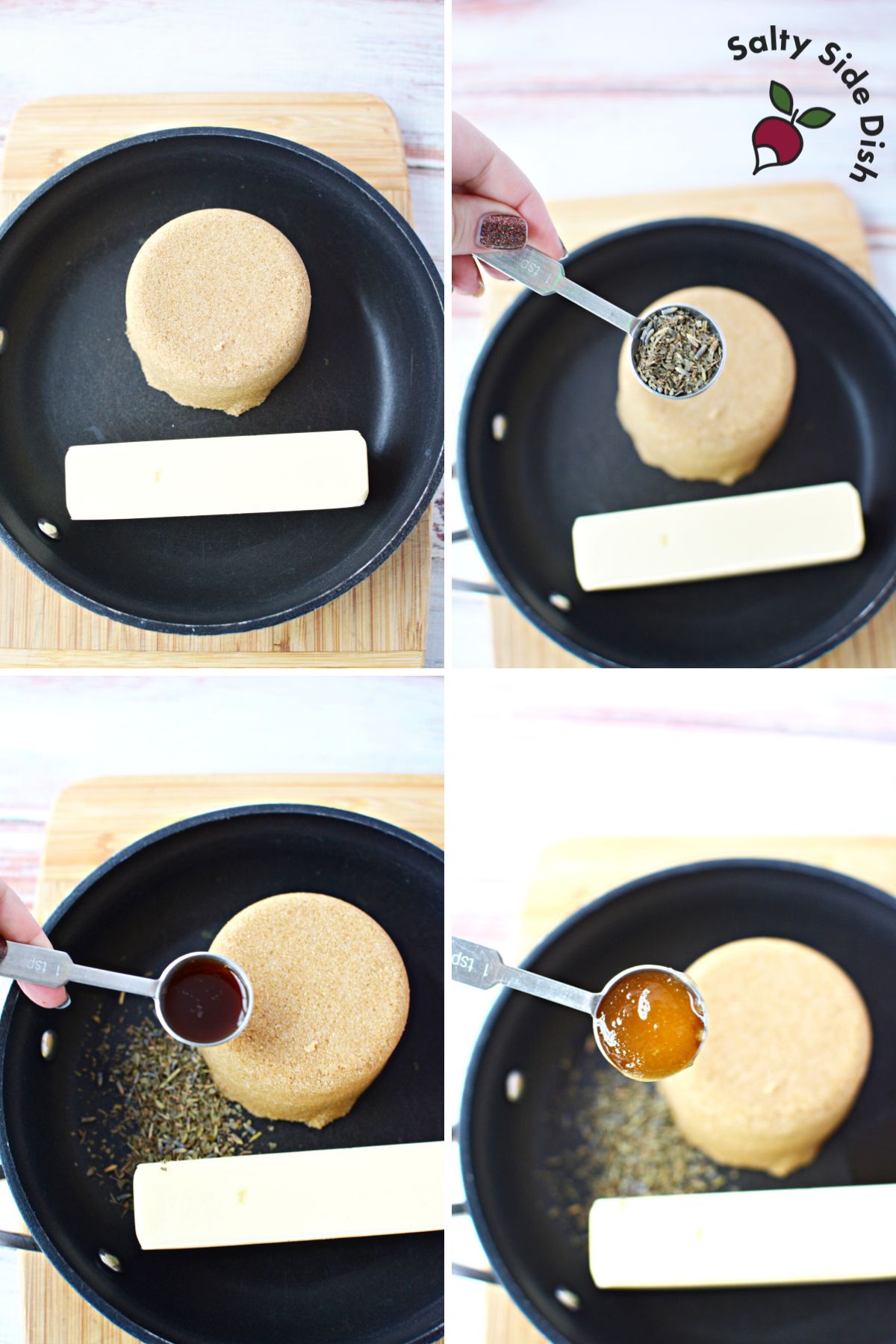 4 images in a collage with brown sugar, honey, and spices to create a glaze.