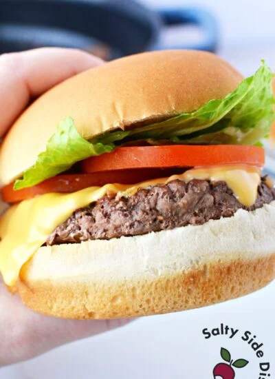 burger stacked with favorite toppings.