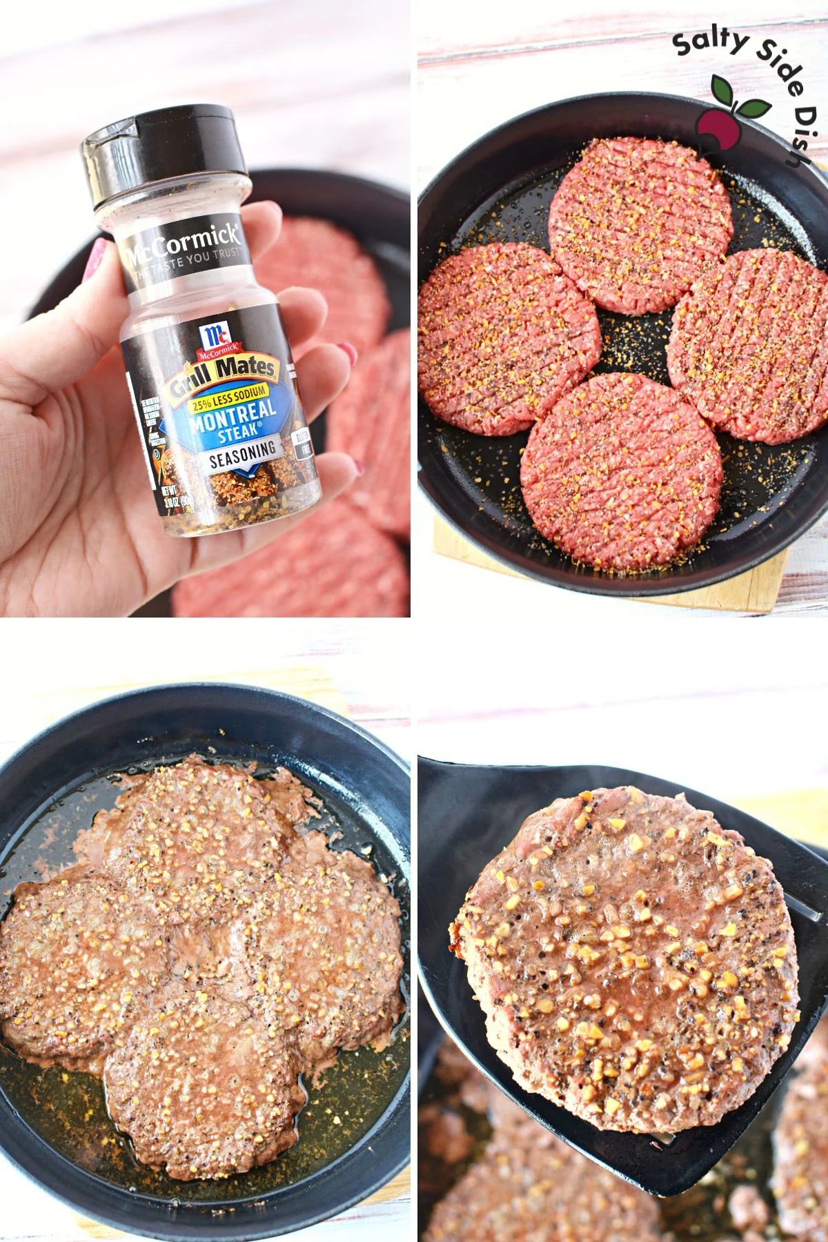 seasoning and cooking burgers in a cast iron pan.