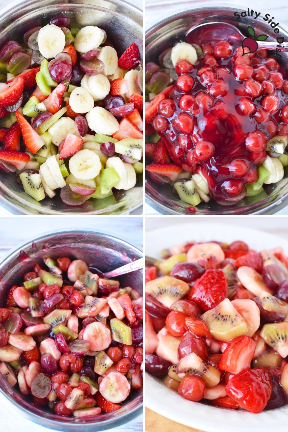 cherry pie filling fruit salad. with all of the steps in a collage.