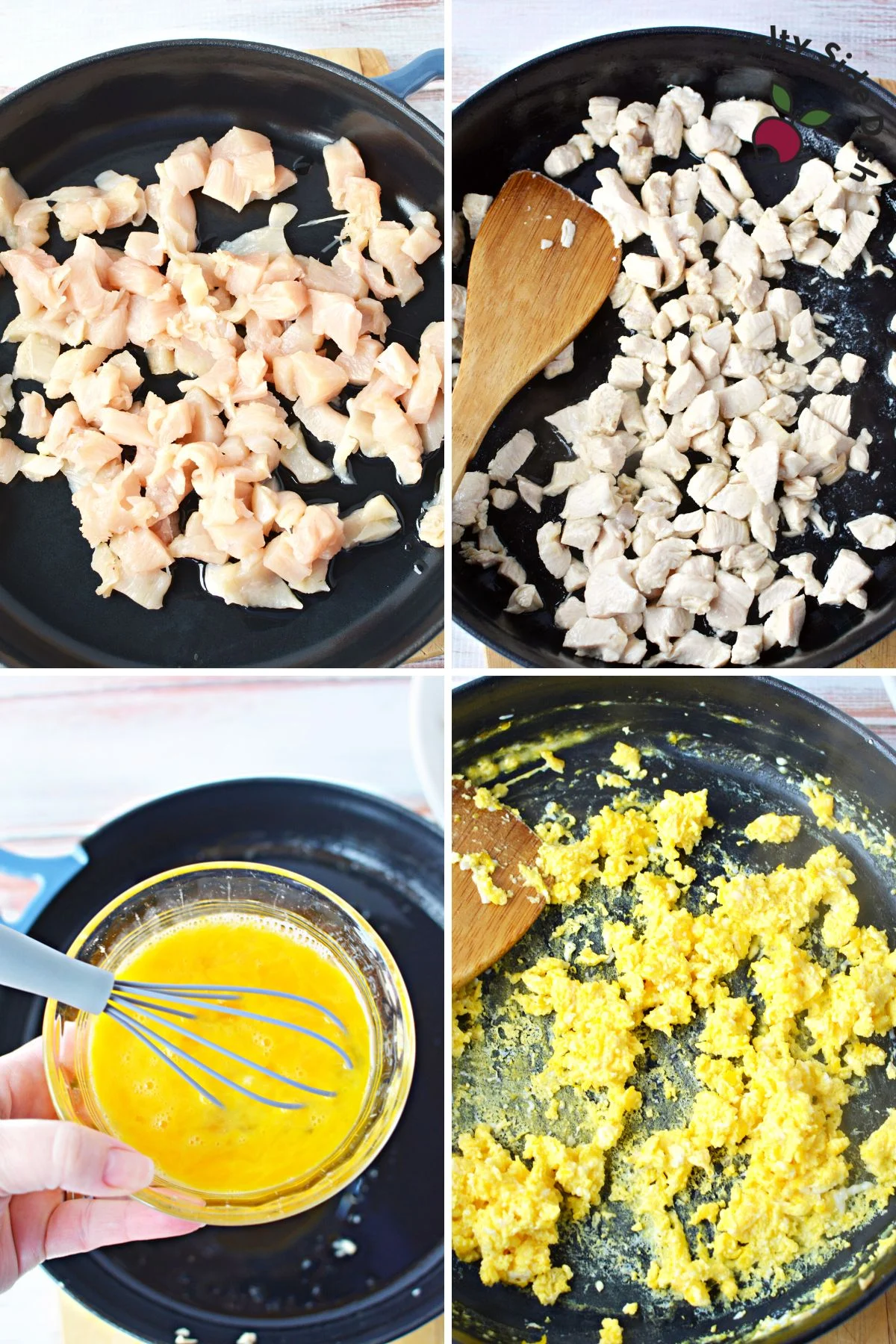 eggs and chicken being cooked in a cast iron skillet.