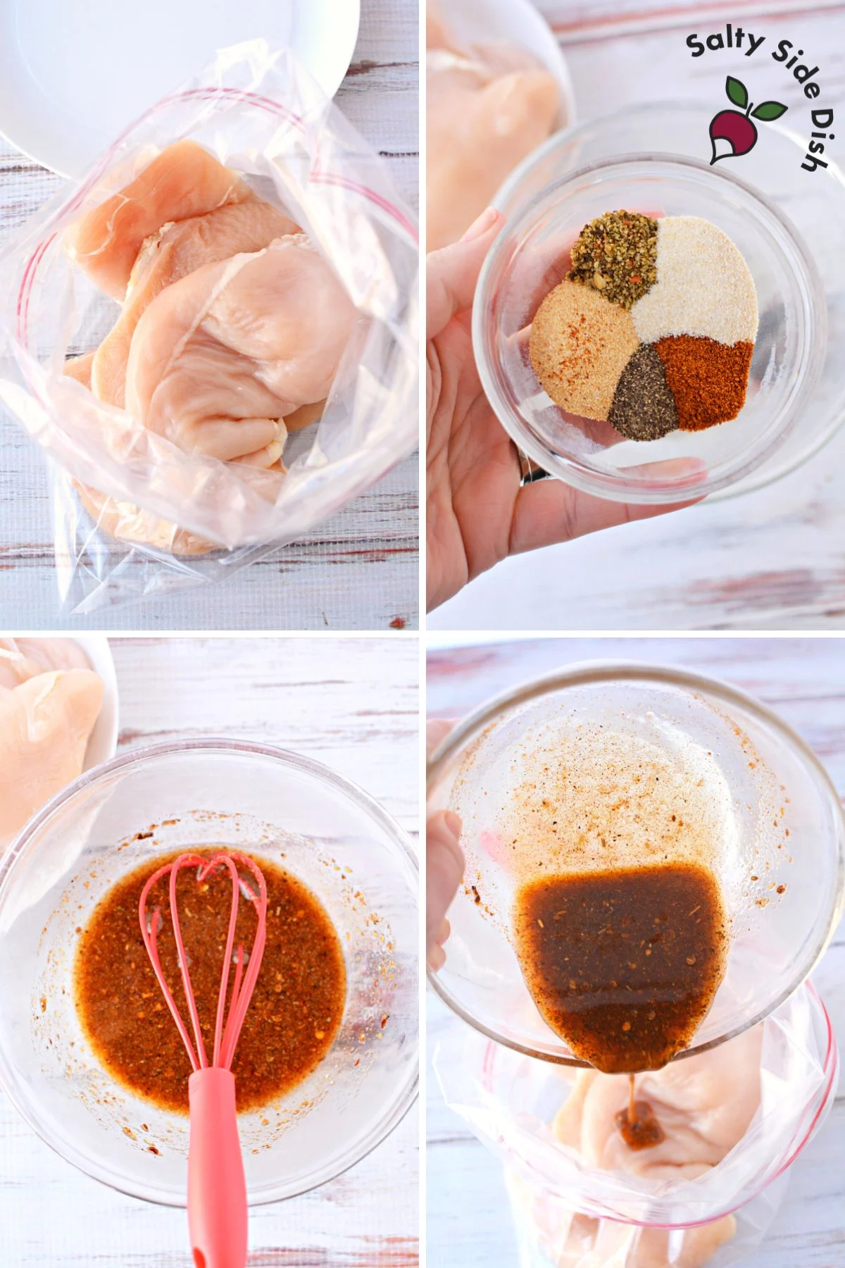 4 images of a collage showing how to combine seasoning over chicken for marinade.