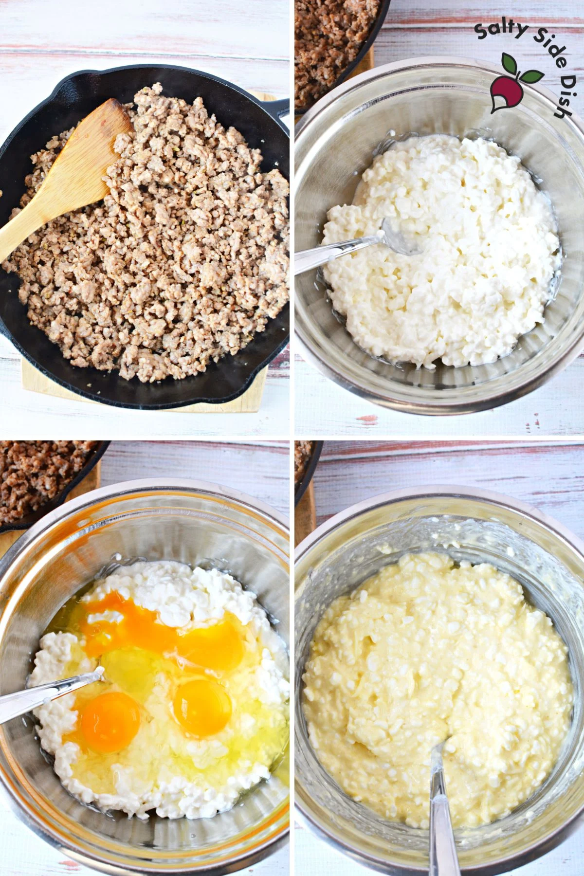 ground sausage with cottage cheese, eggs, and mozzarella. Collage of images.