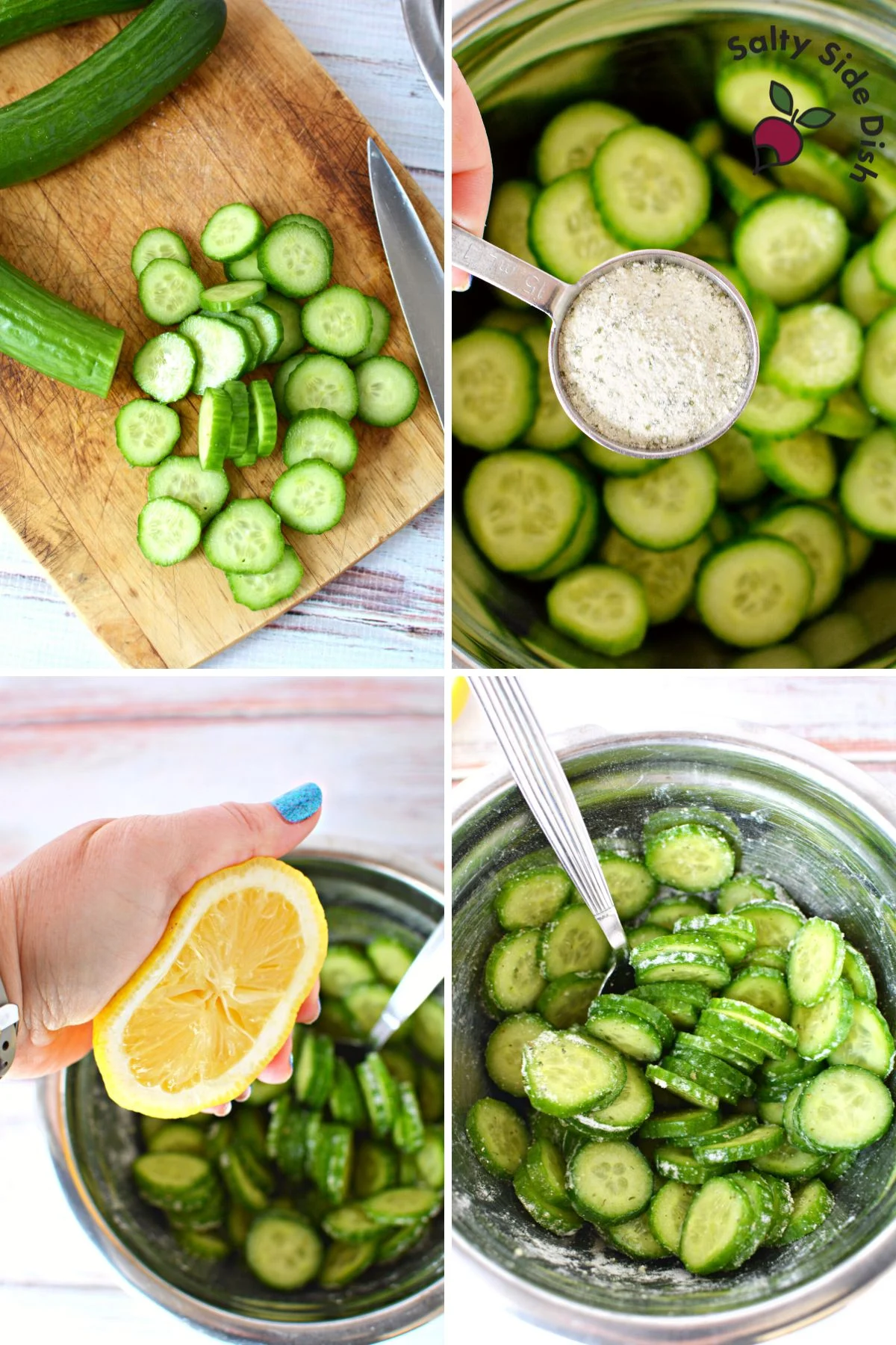 a collage of four images showing cucumbers, ranch, and lemon combination.