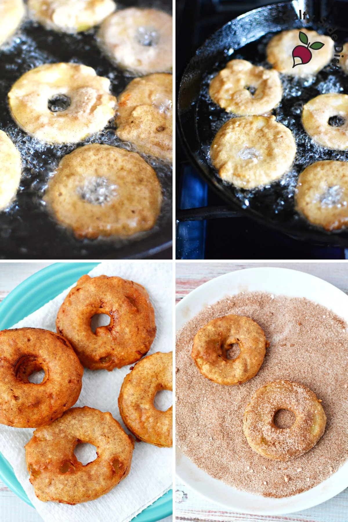 battered apple slices on stovetop and then dipped into cinnamon sugar. Collage image.